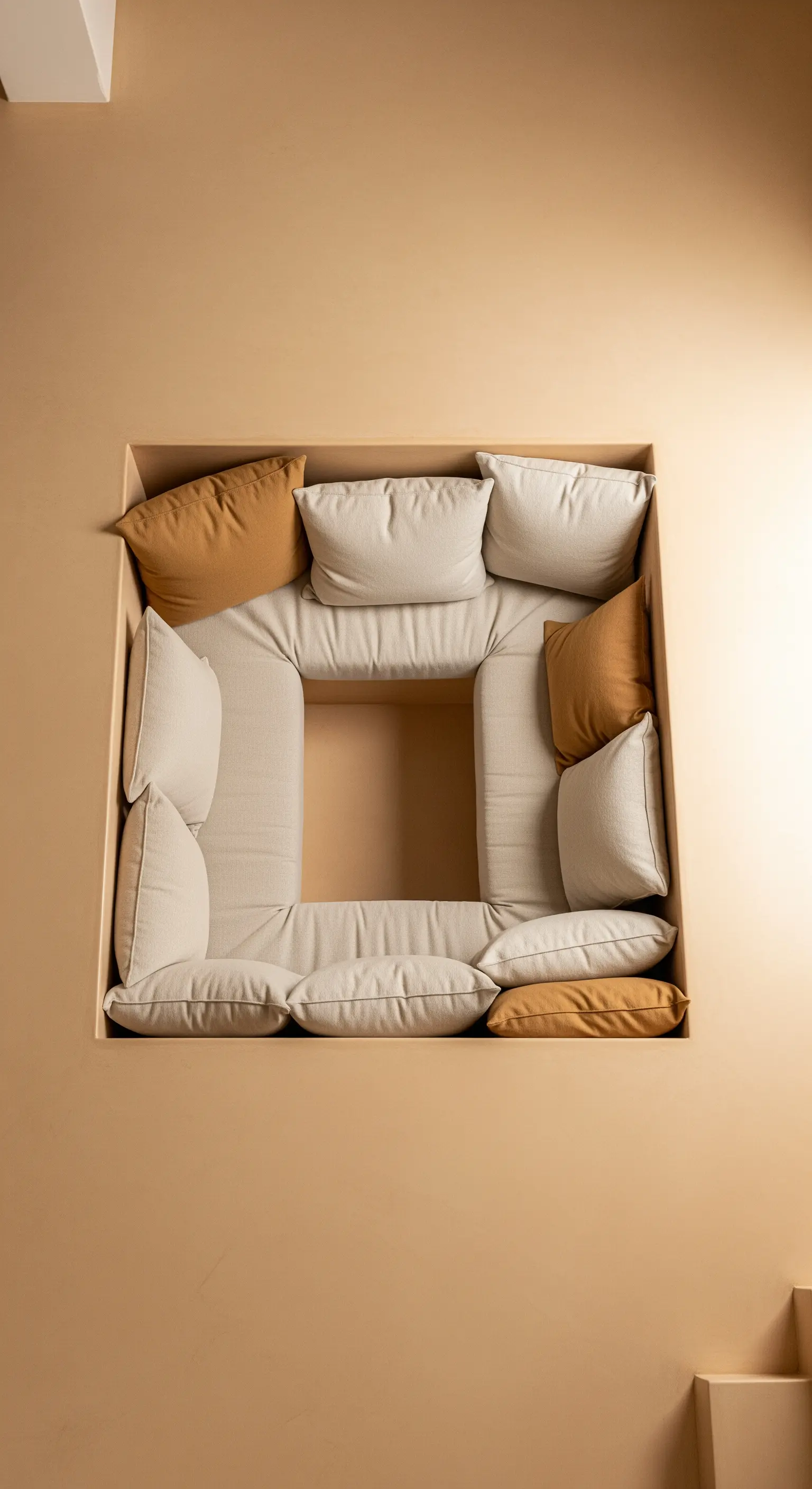 Eine quadratische, in die Wand eingelassene Sitznische mit beigen und ockerfarbenen Kissen