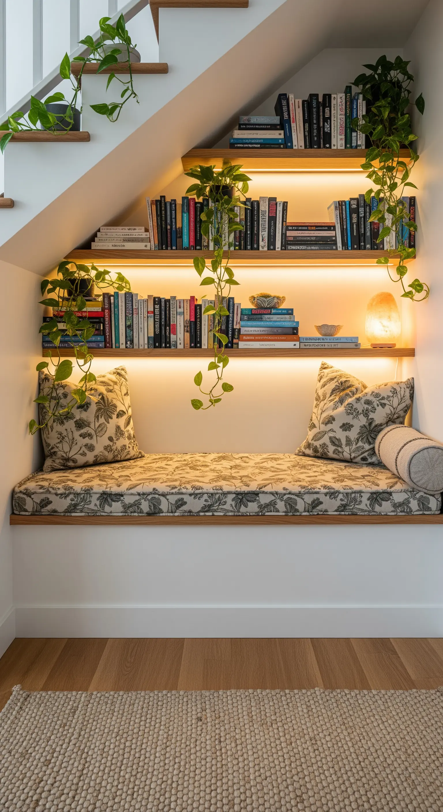 Beleuchtete Leseecke unter der Treppe mit maßgefertigter Sitzbank und Pflanzen.