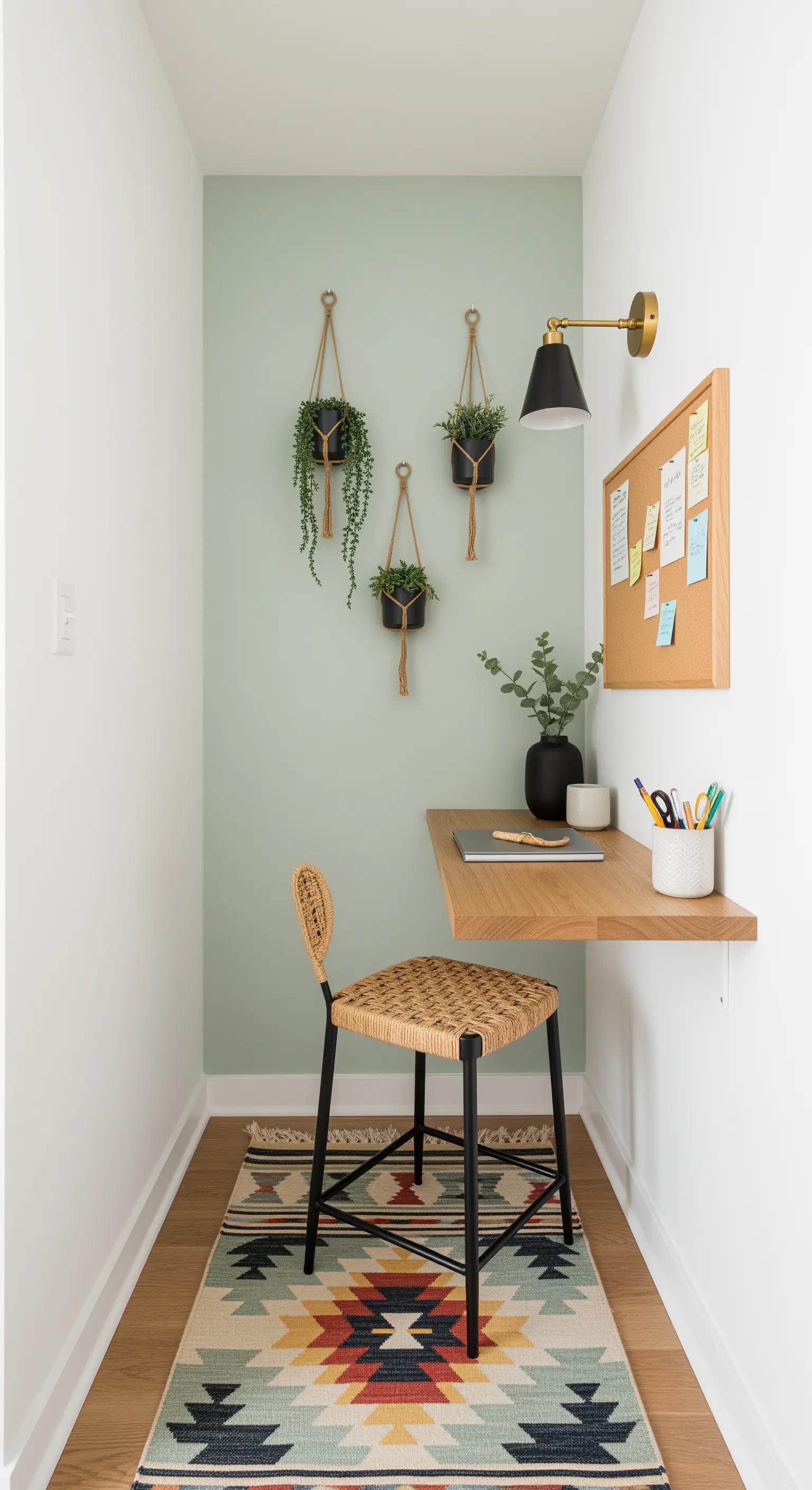 Kompakter Arbeitsplatz in einer Nische mit grüner Akzentwand und schwebendem Schreibtisch.