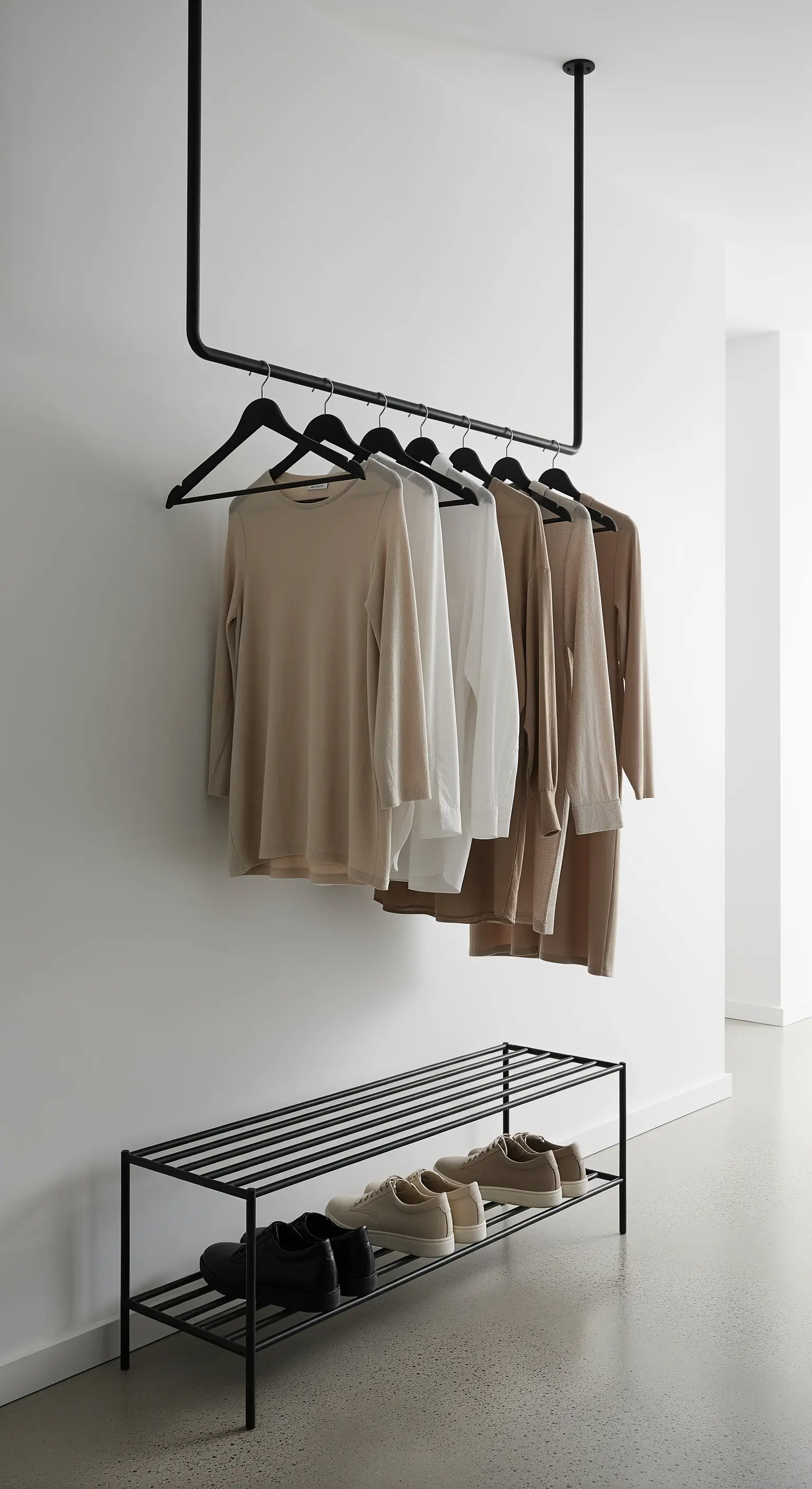 Schwarze, von der Decke hängende Kleiderstange für eine Capsule Wardrobe