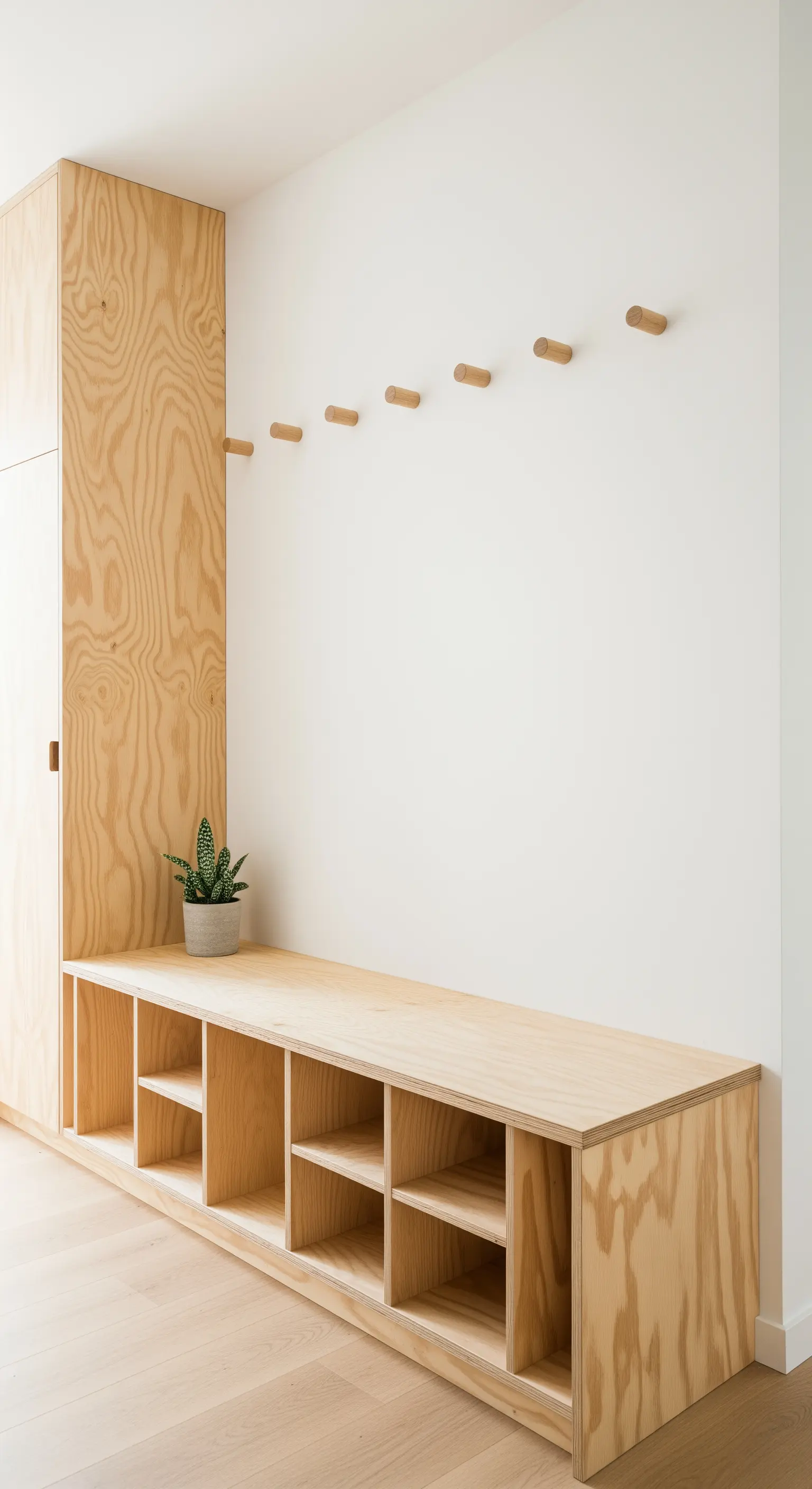 Lange Sitzbank aus hellem Schichtholz mit offenen Fächern und runden Holzhaken an der Wand.