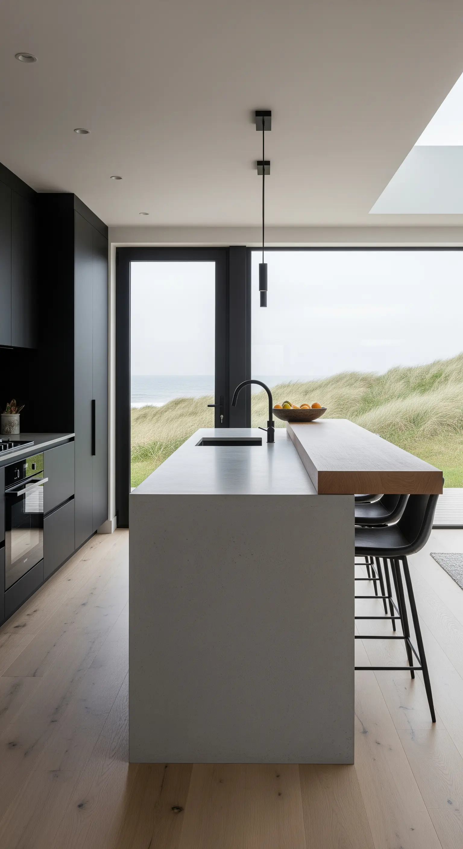 Moderne schwarze Küche mit Betoninsel und großem Fenster mit Blick auf eine Dünenlandschaft.