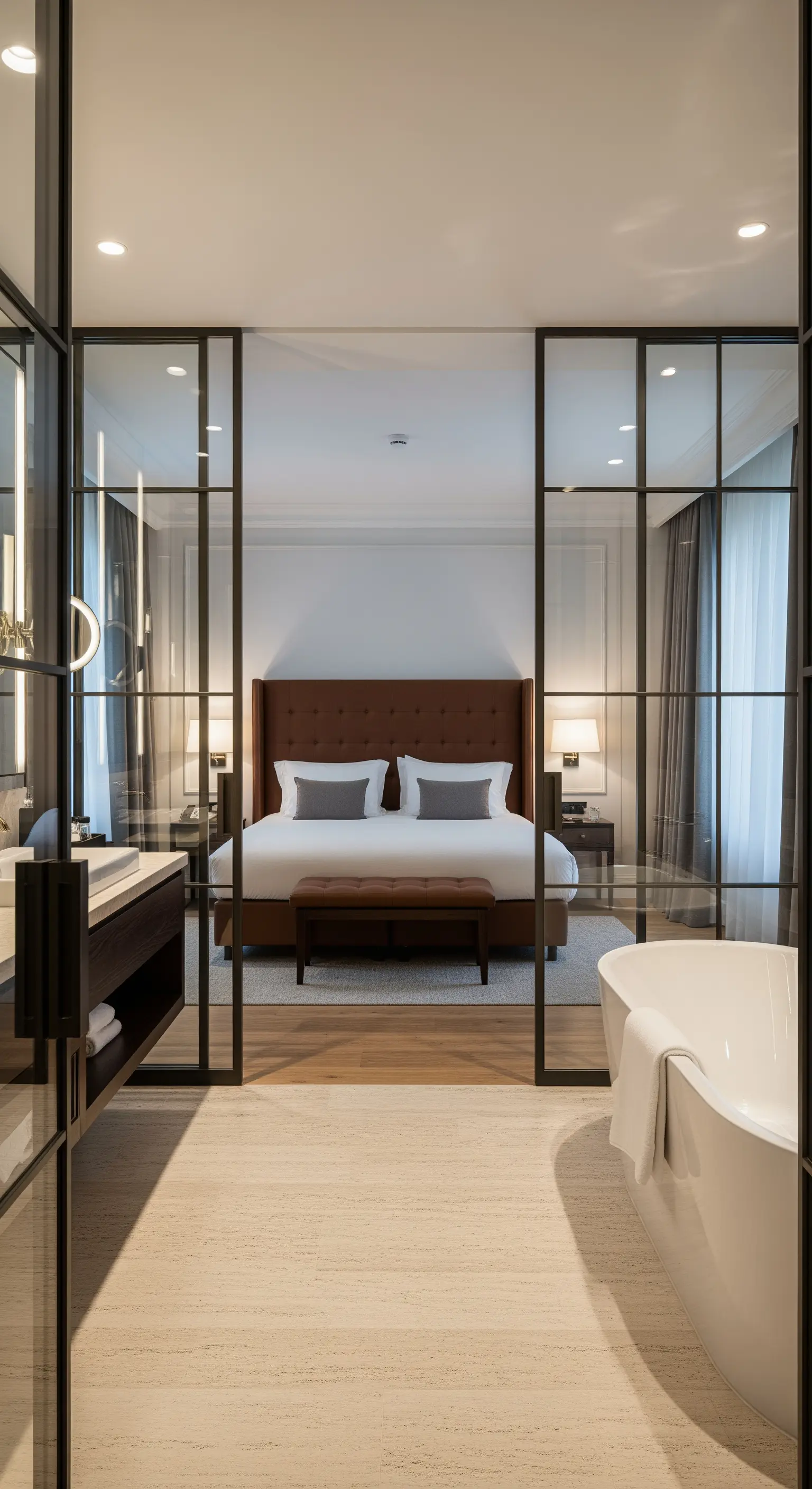 Blick aus dem Badezimmer durch eine Glas-Stahl-Wand in ein elegantes Schlafzimmer.