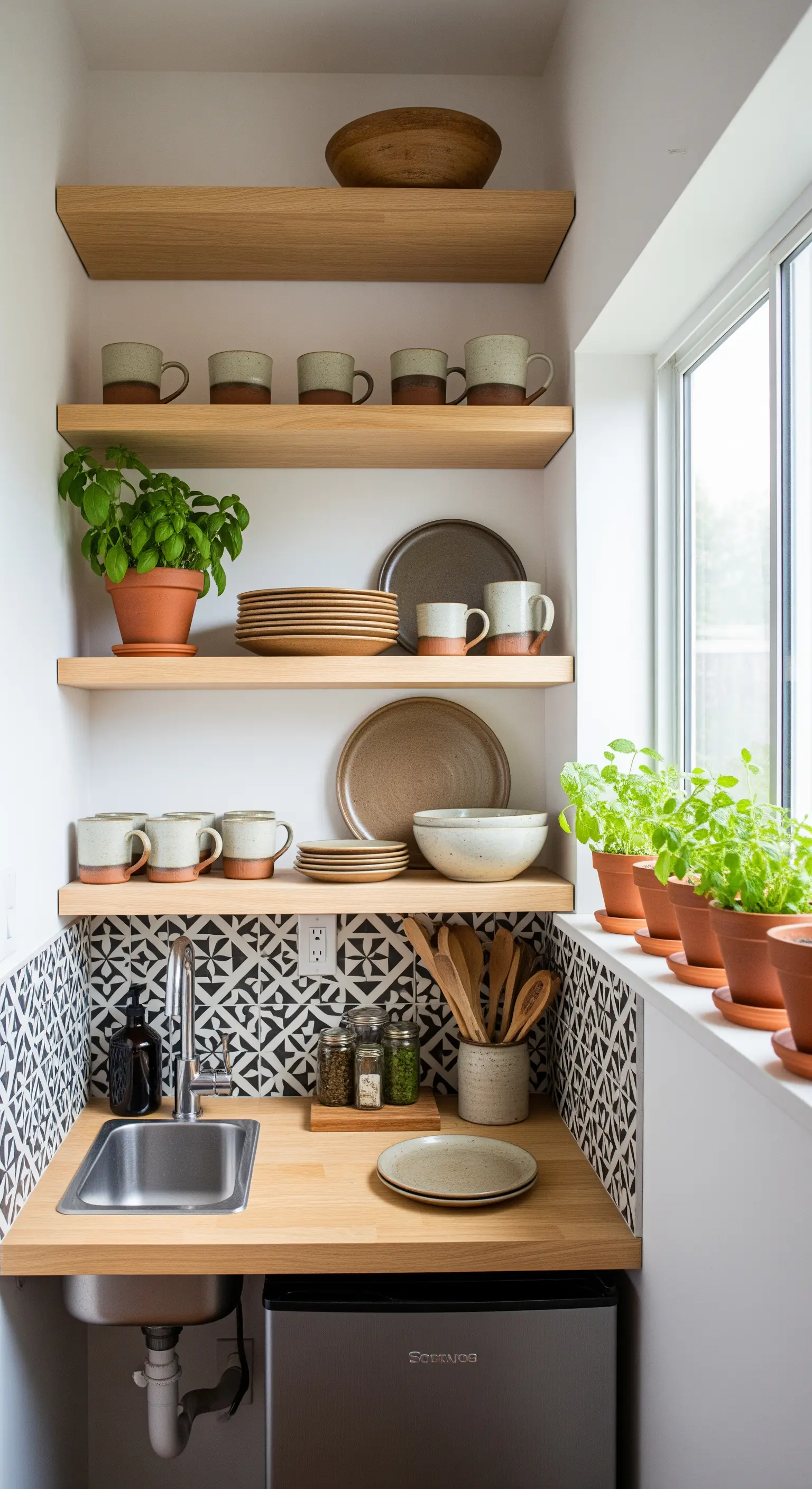 Kleine Boho-Küchennische mit offenen Holzregalen und gemusterten Fliesen.