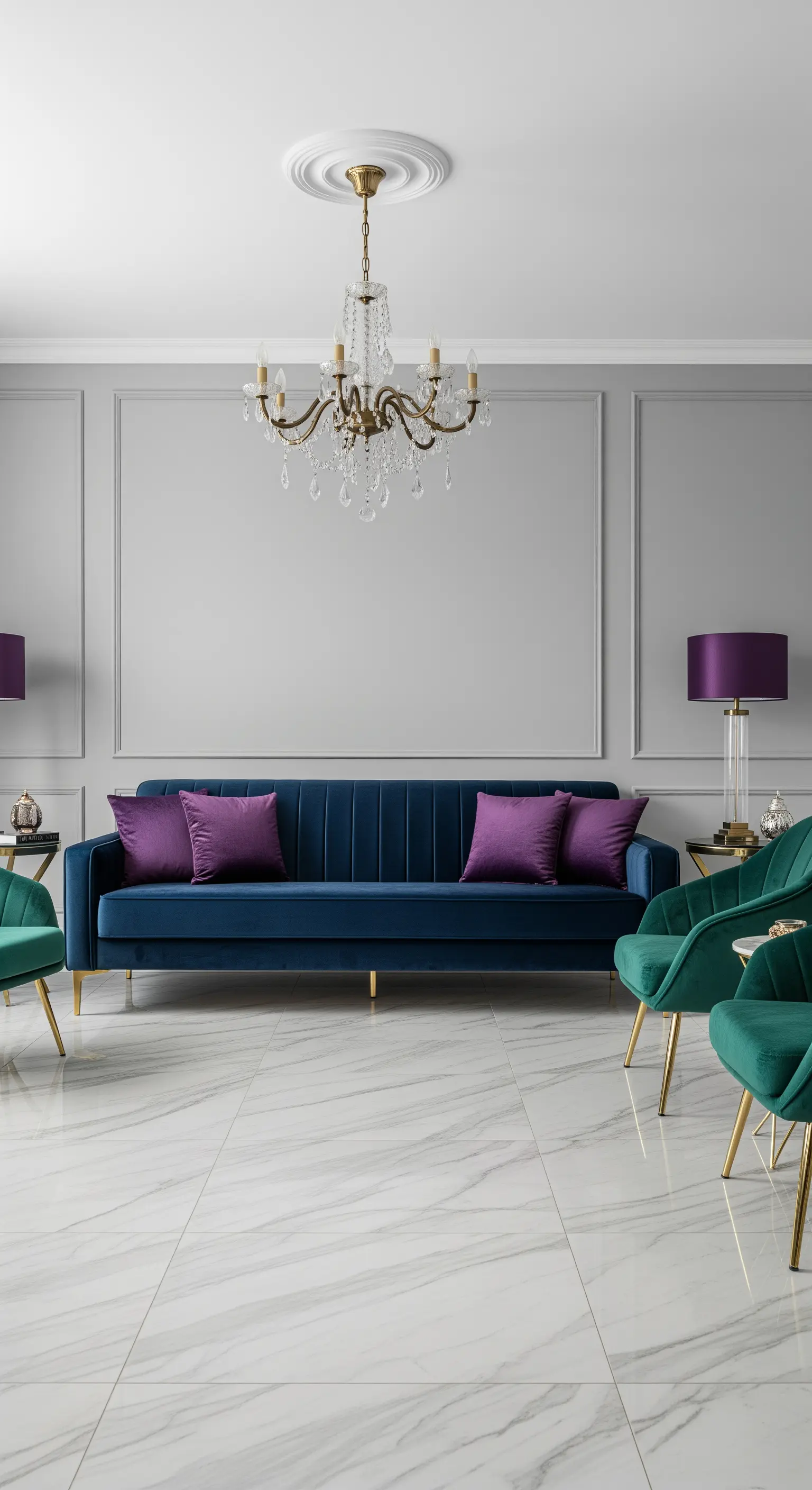 Elegantes Wohnzimmer mit einem blauen Samtsofa, smaragdgrünen Sesseln und violetten Kissen auf Marmorboden.