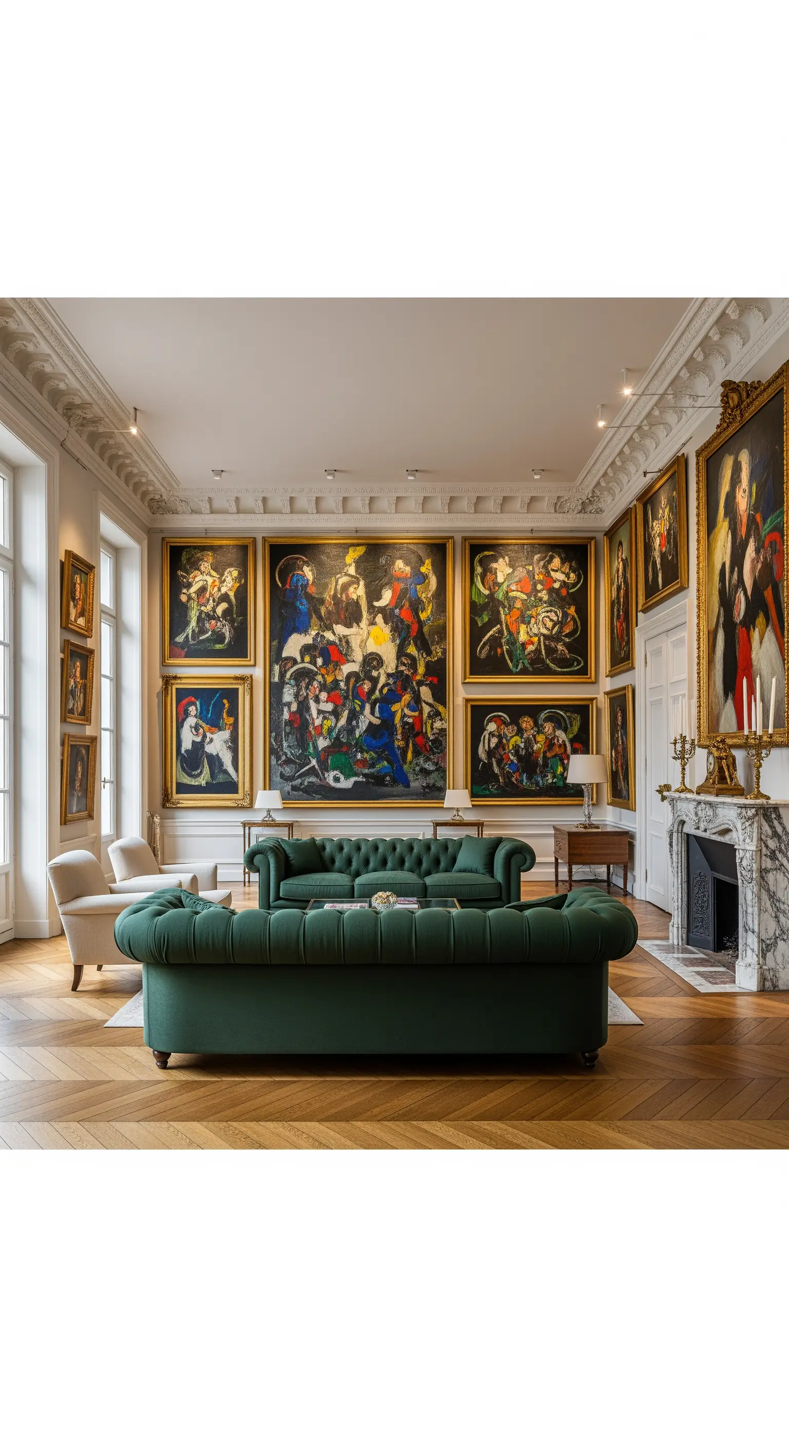 Wohnzimmer im opulenten Salon-Stil mit deckenhoch gehängten Gemälden und grünen Samtsofas.