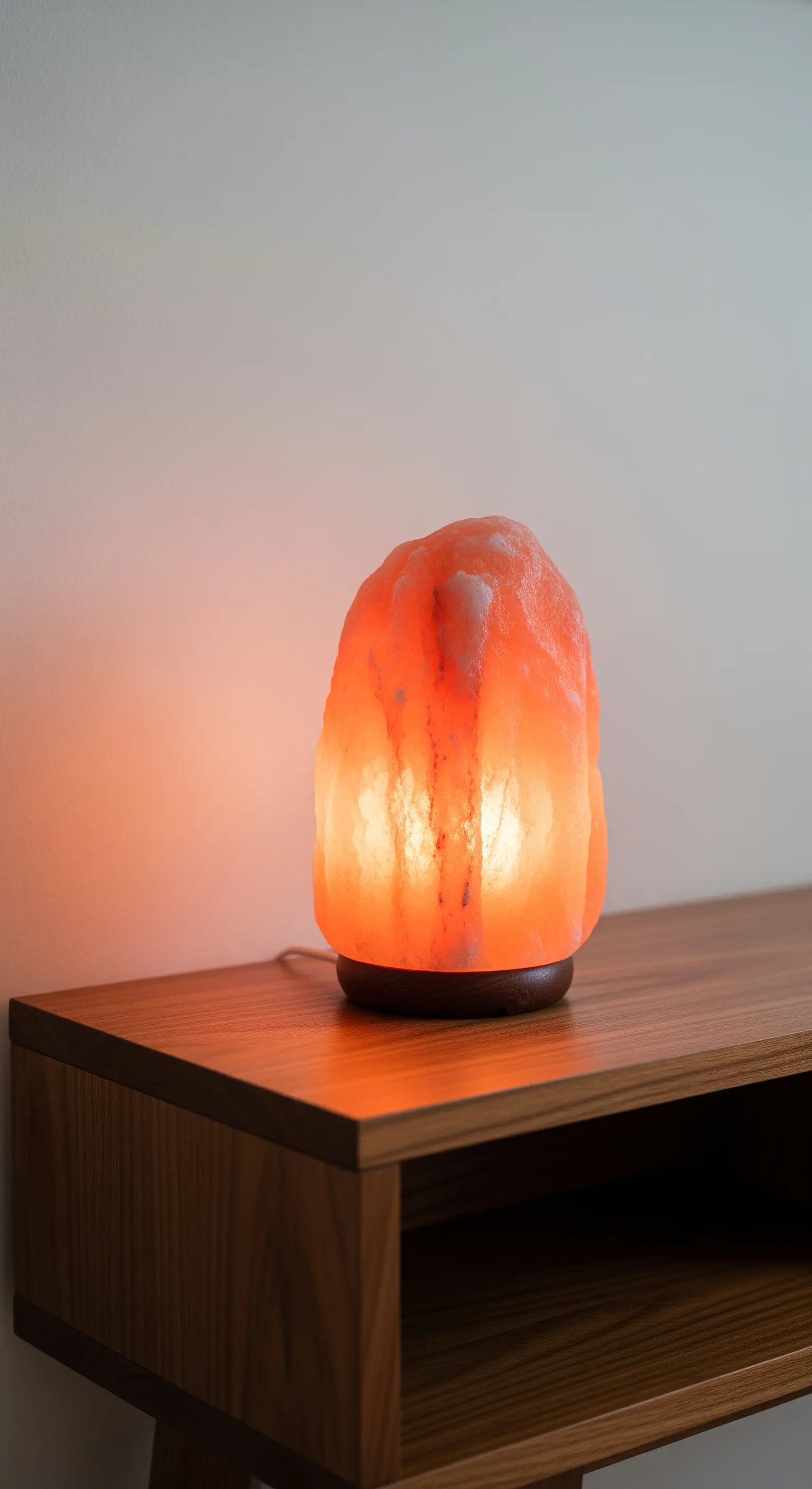 Himalaya-Salzlampe mit warmem, orangem Leuchten auf einer Kommode aus Holz.