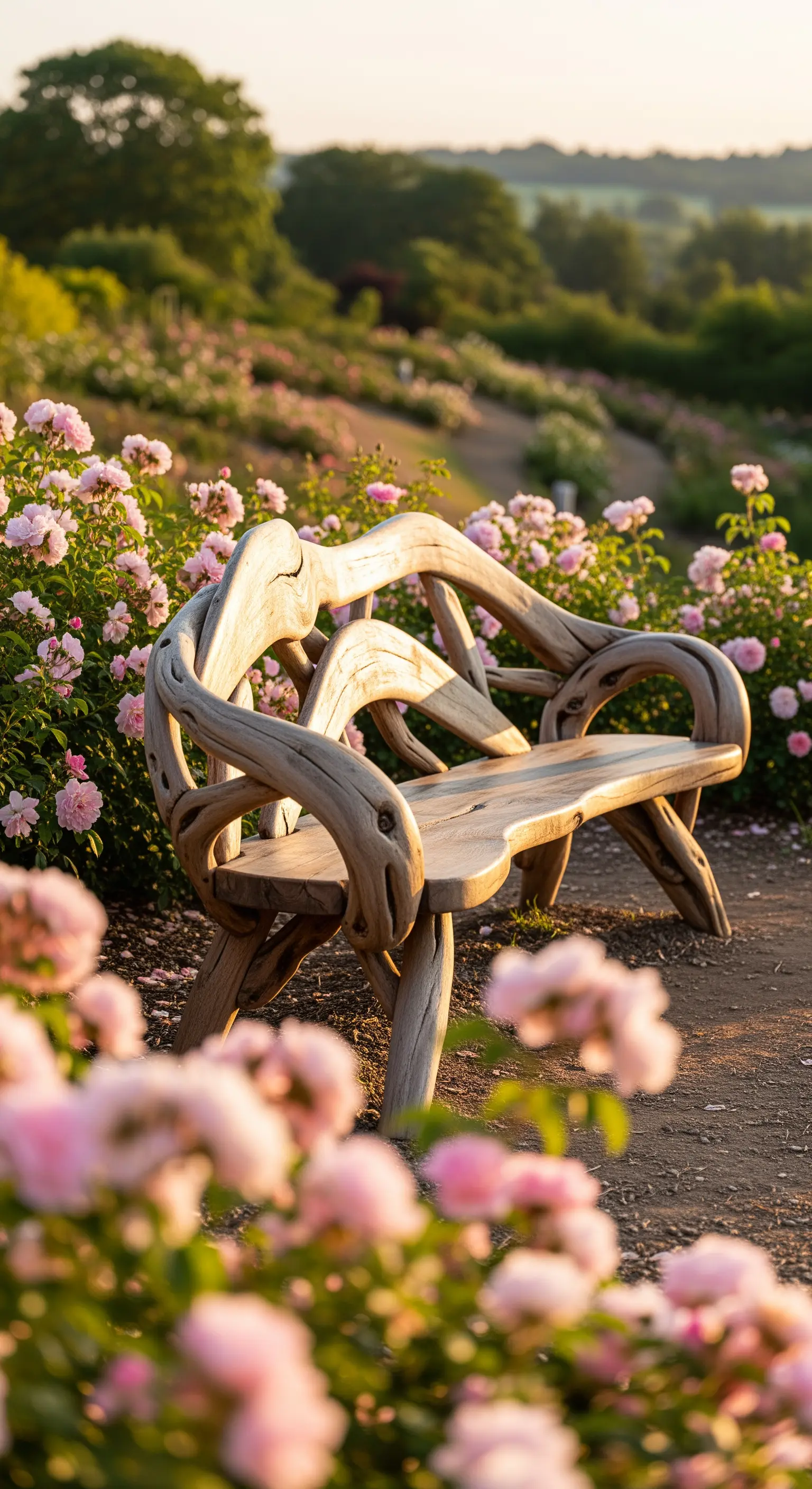 Eine kunstvoll geschwungene Holzbank aus naturbelassenen Ästen, umgeben von blassrosa Rosen.