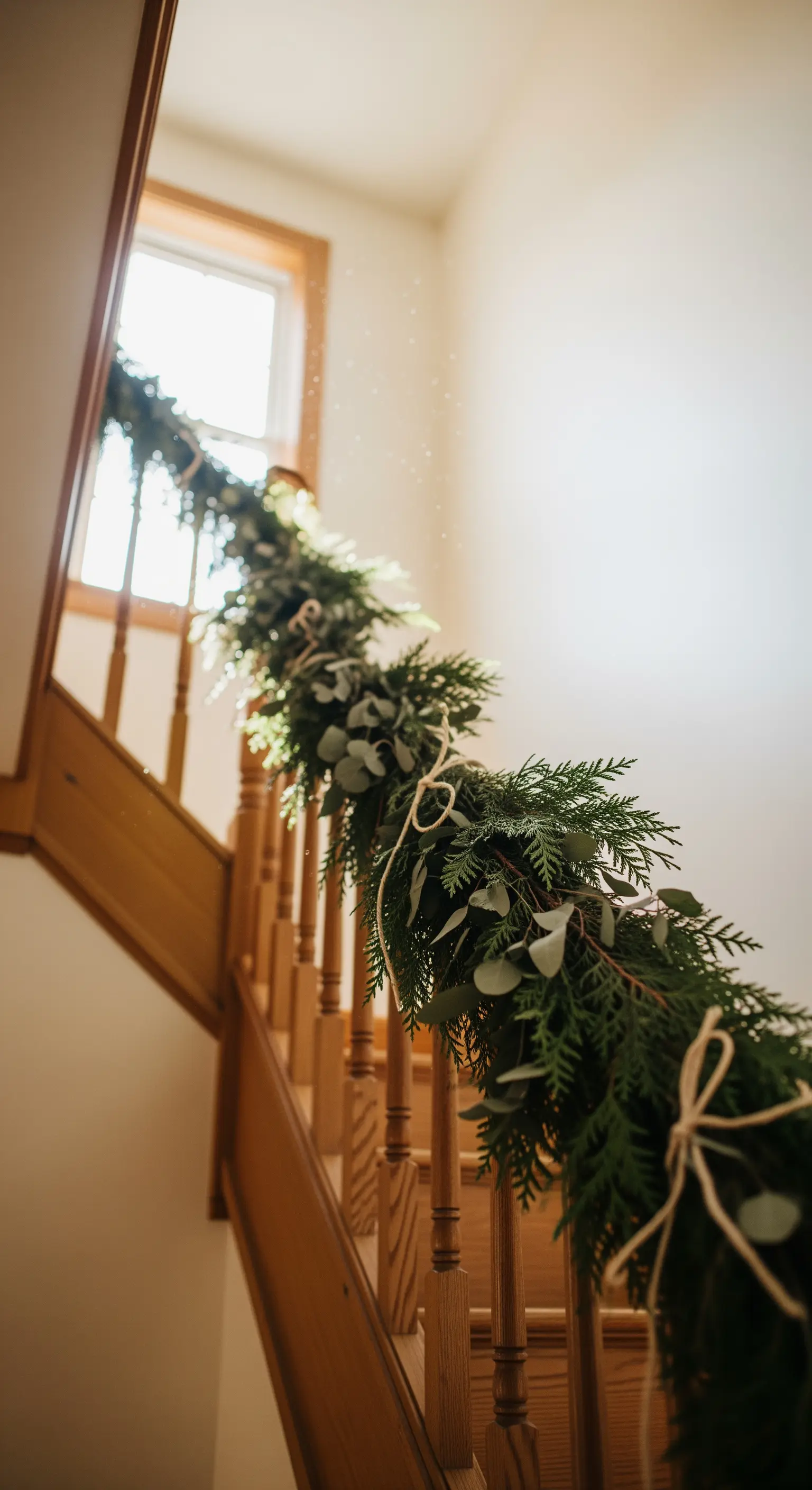 Eine üppige Girlande aus frischem Grün schlängelt sich an einem hölzernen Treppengeländer empor.