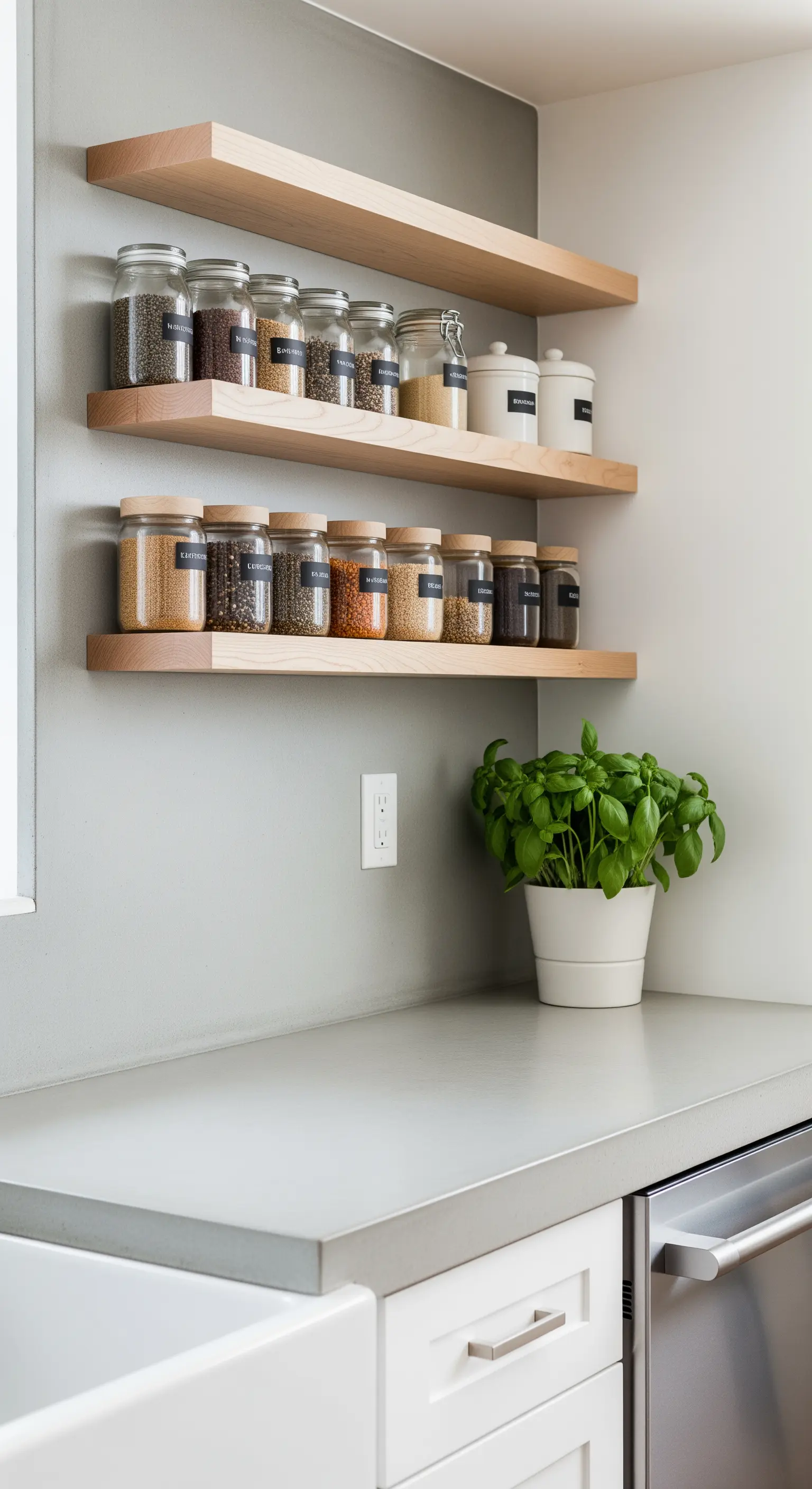 Küchenecke mit offenen Holzregalen, gefüllt mit einheitlichen Gewürzgläsern.