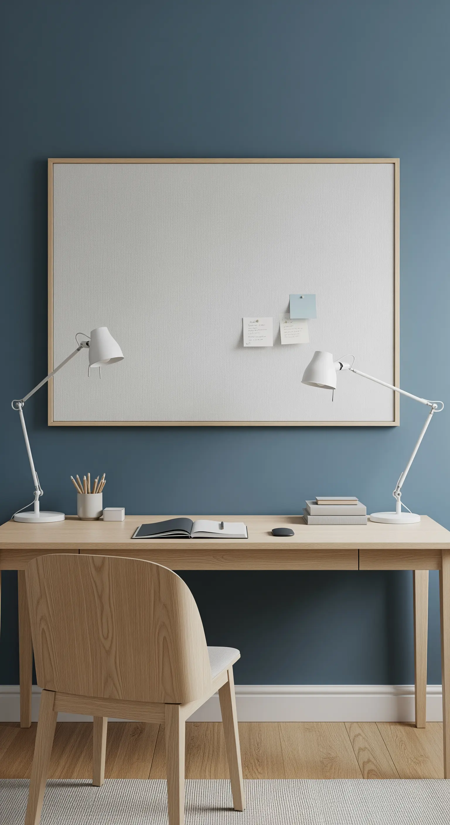 Großes, gerahmtes Memoboard aus Stoff über einem aufgeräumten Holzschreibtisch.