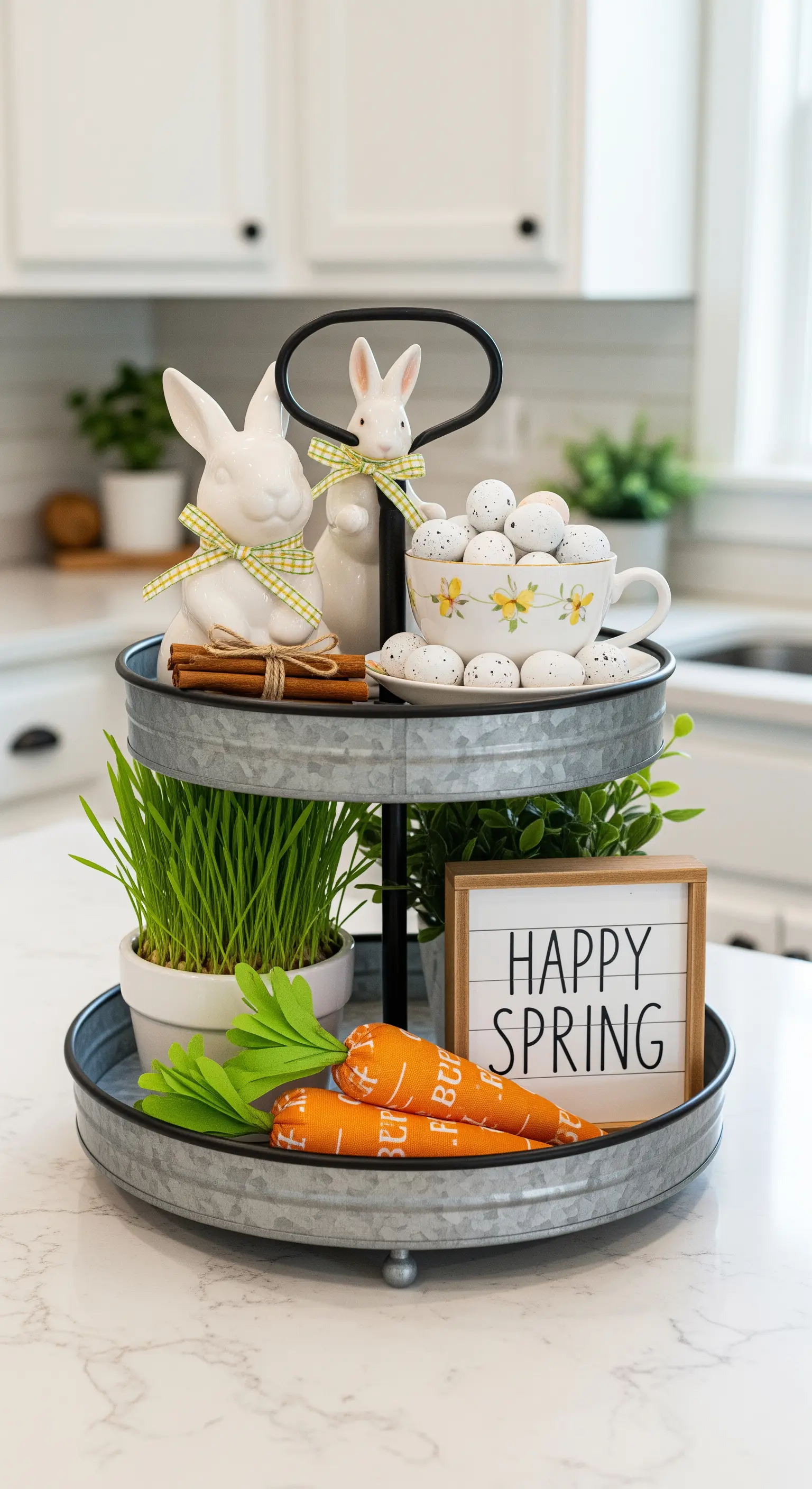 Oster-Etagere im Landhausstil mit Hasen, Karotten und Weizengras dekoriert.