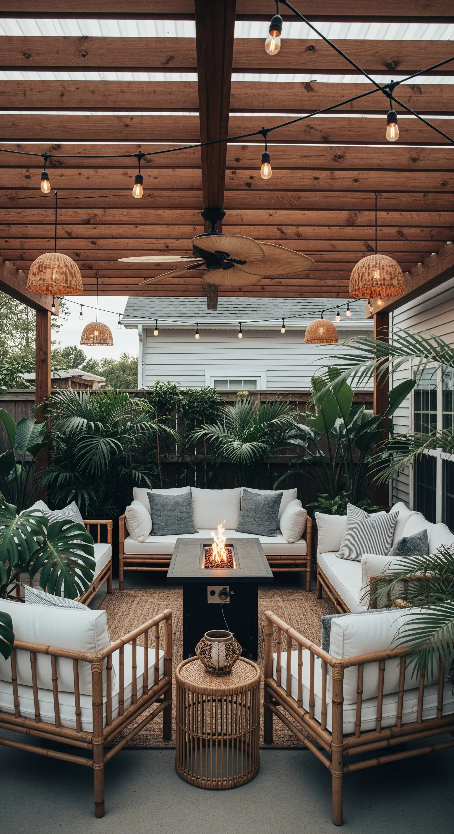 Gemütliche Outdoor-Lounge mit Bambus-Möbeln, Lichterketten und großen Pflanzen