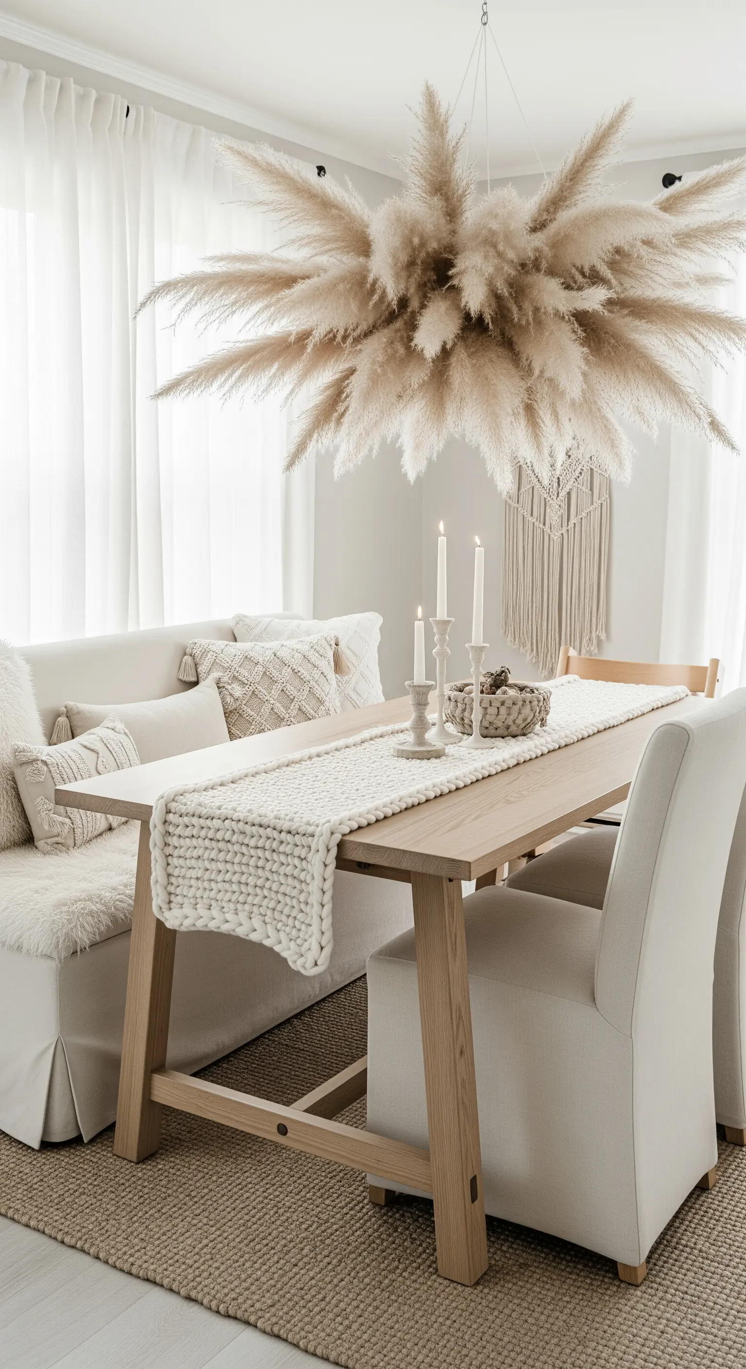 Heller Essbereich mit einer riesigen, schwebenden Pampasgras-Wolke als Lampe.