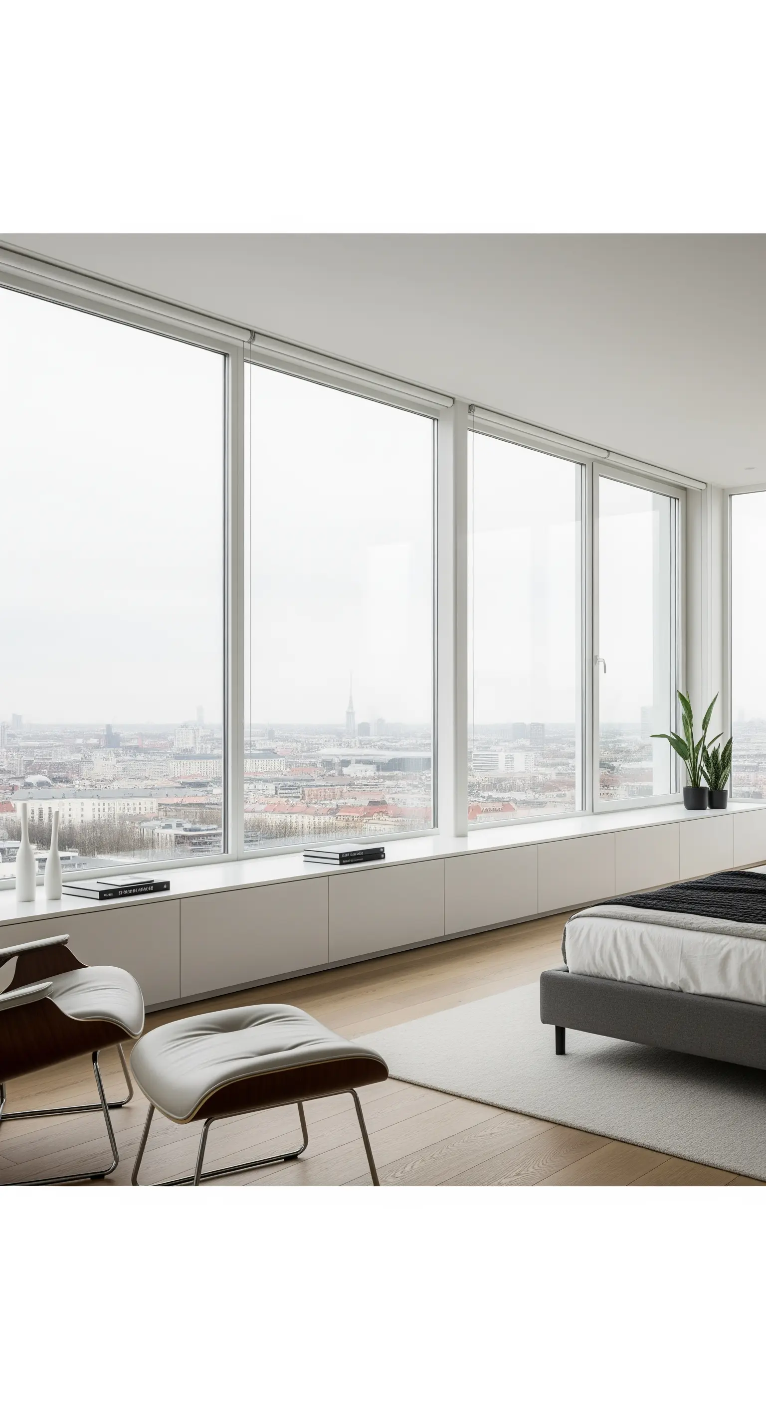 Modernes Schlafzimmer mit bodentiefen Fenstern und einer langen, weißen Konsole darunter.