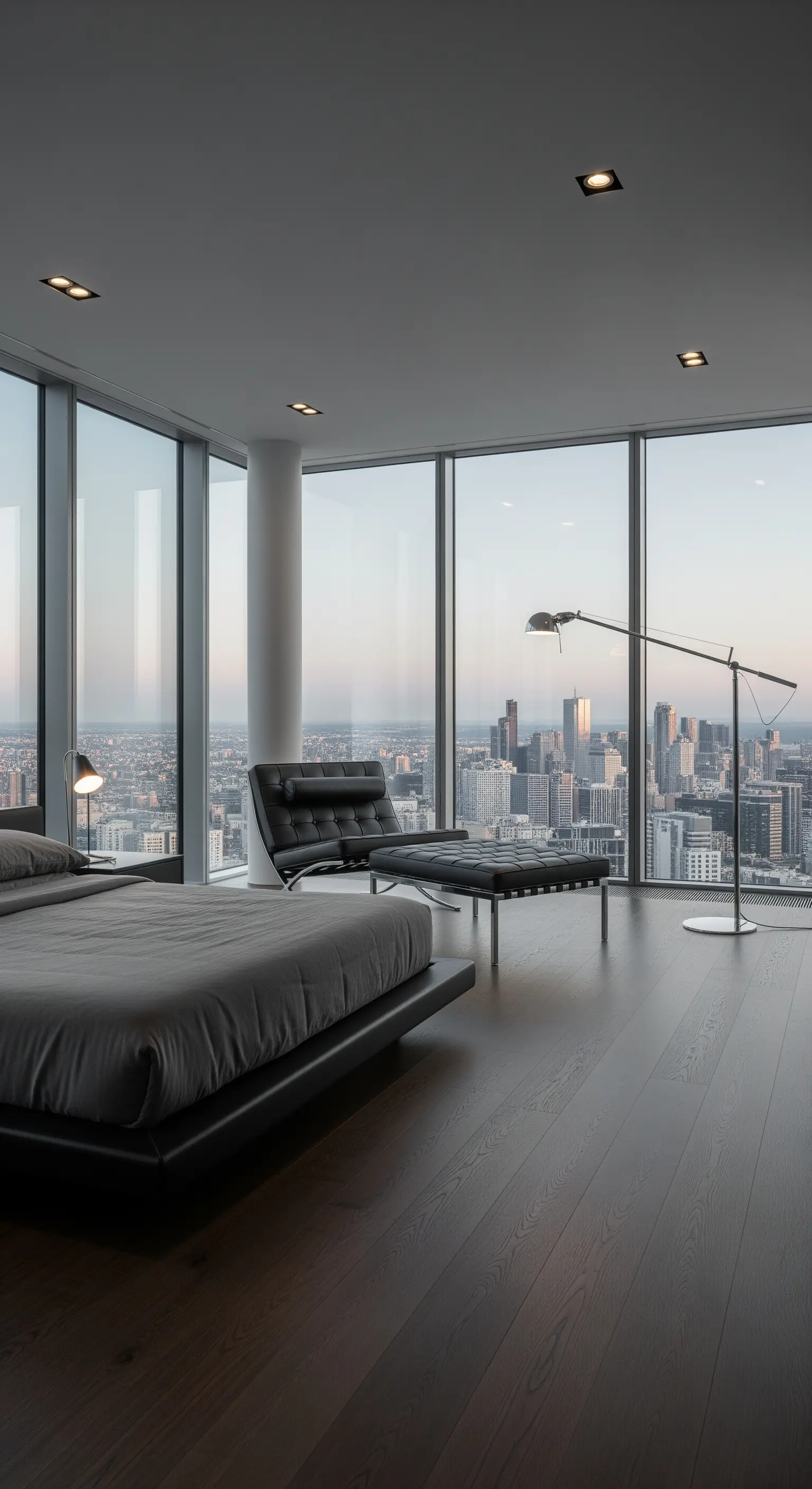Minimalistisches Schlafzimmer mit schwarzem Ledersessel und Panoramablick auf die Stadt.
