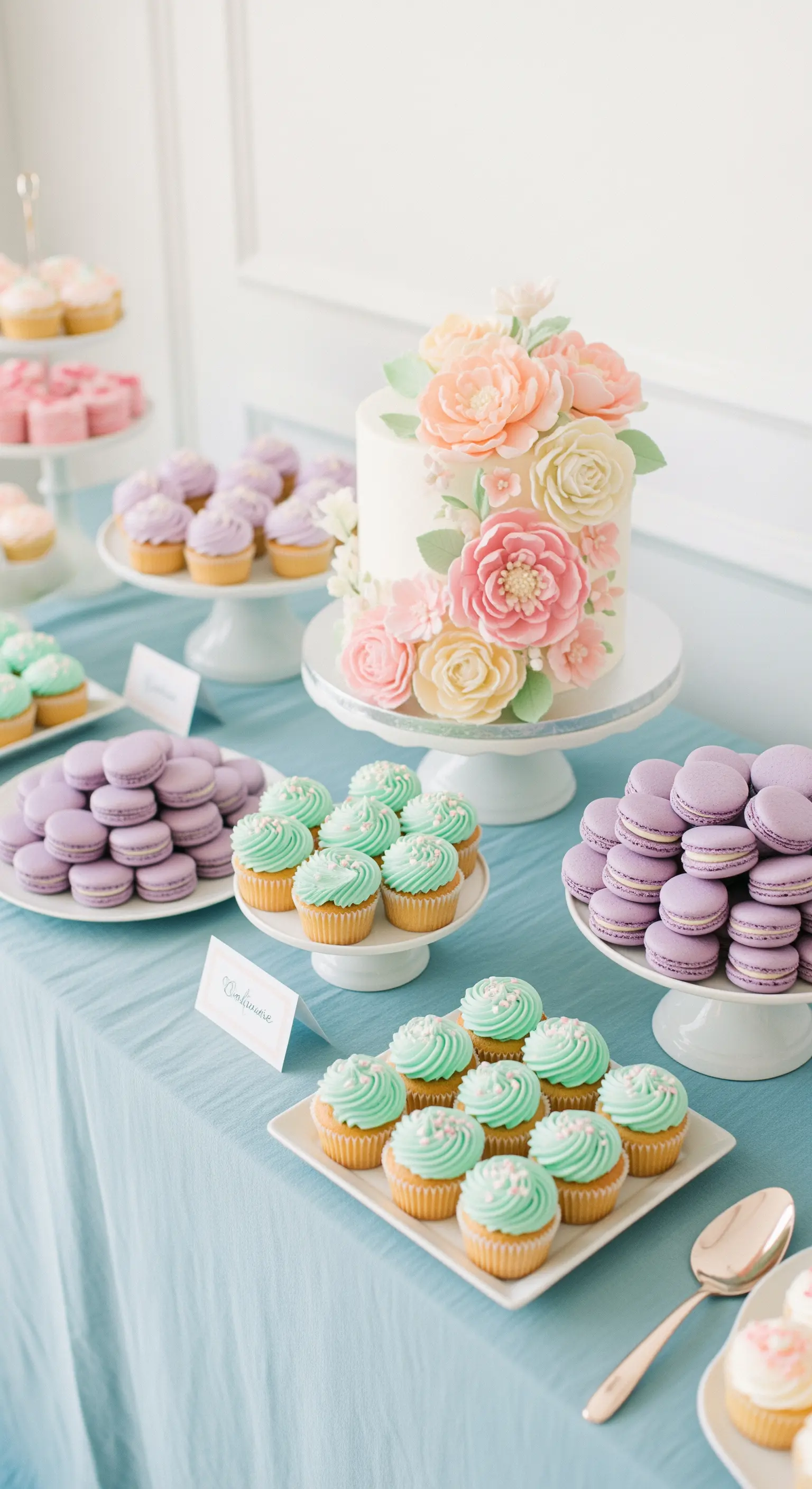 Desserttisch mit Kuchen, Macarons und Cupcakes in Pastellfarben auf weißem Geschirr.