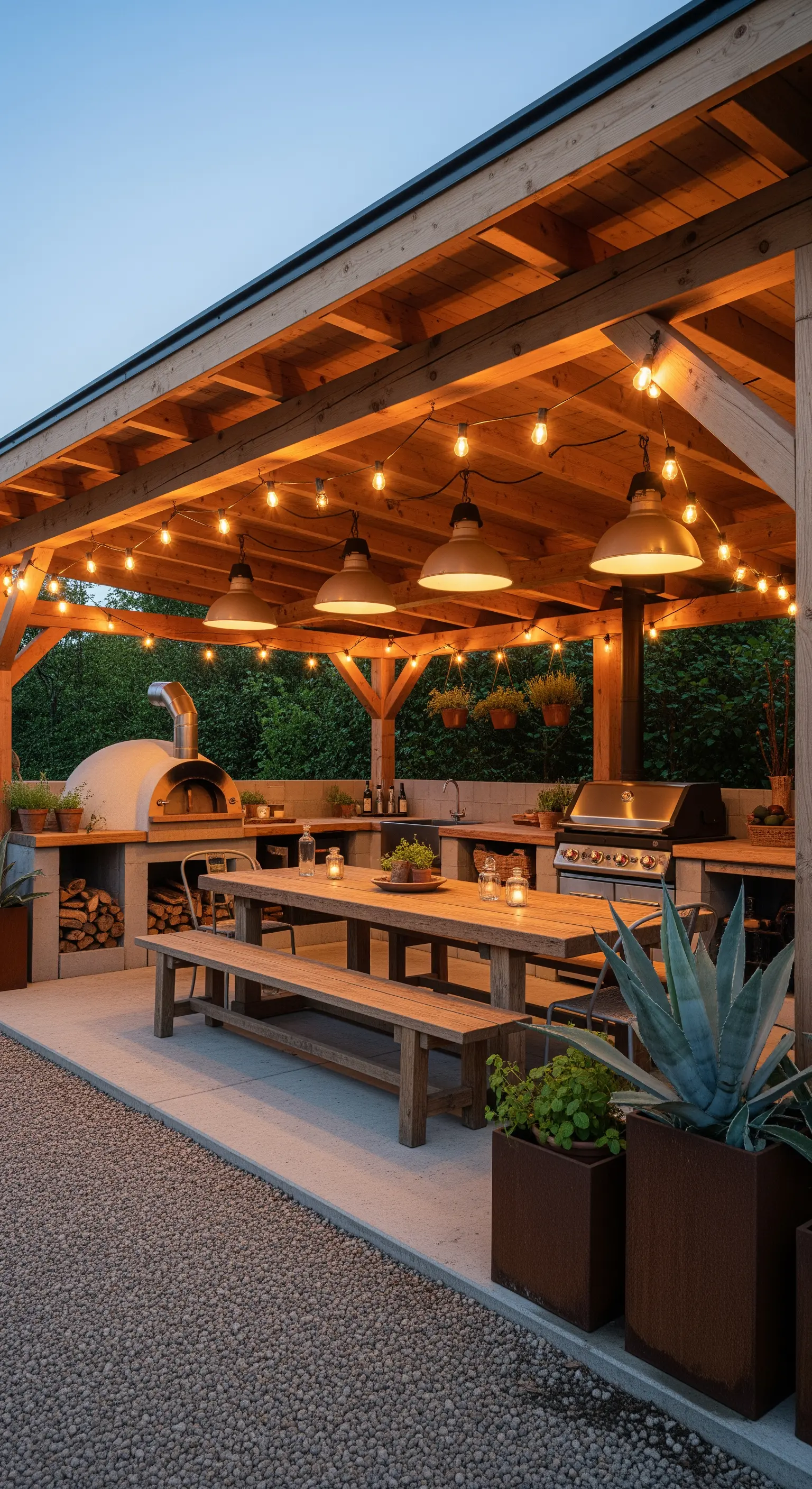 Rustikale Außenküche unter einem Holzdach mit Pendelleuchten über dem Tisch und zusätzlichen Lichterketten.