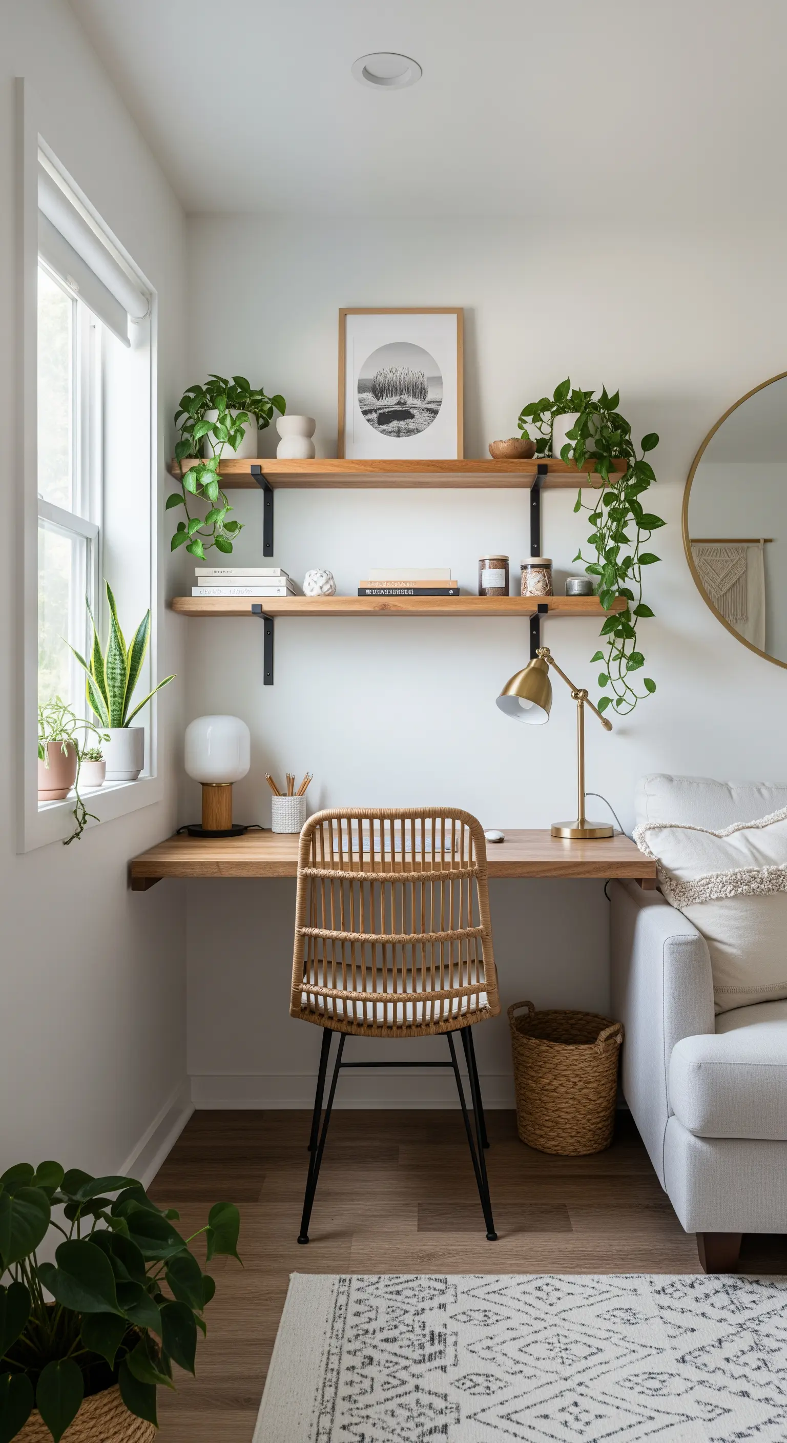 Kleine, stilvolle Boho-Arbeitsecke mit Holzschreibtisch und Rattan-Stuhl.