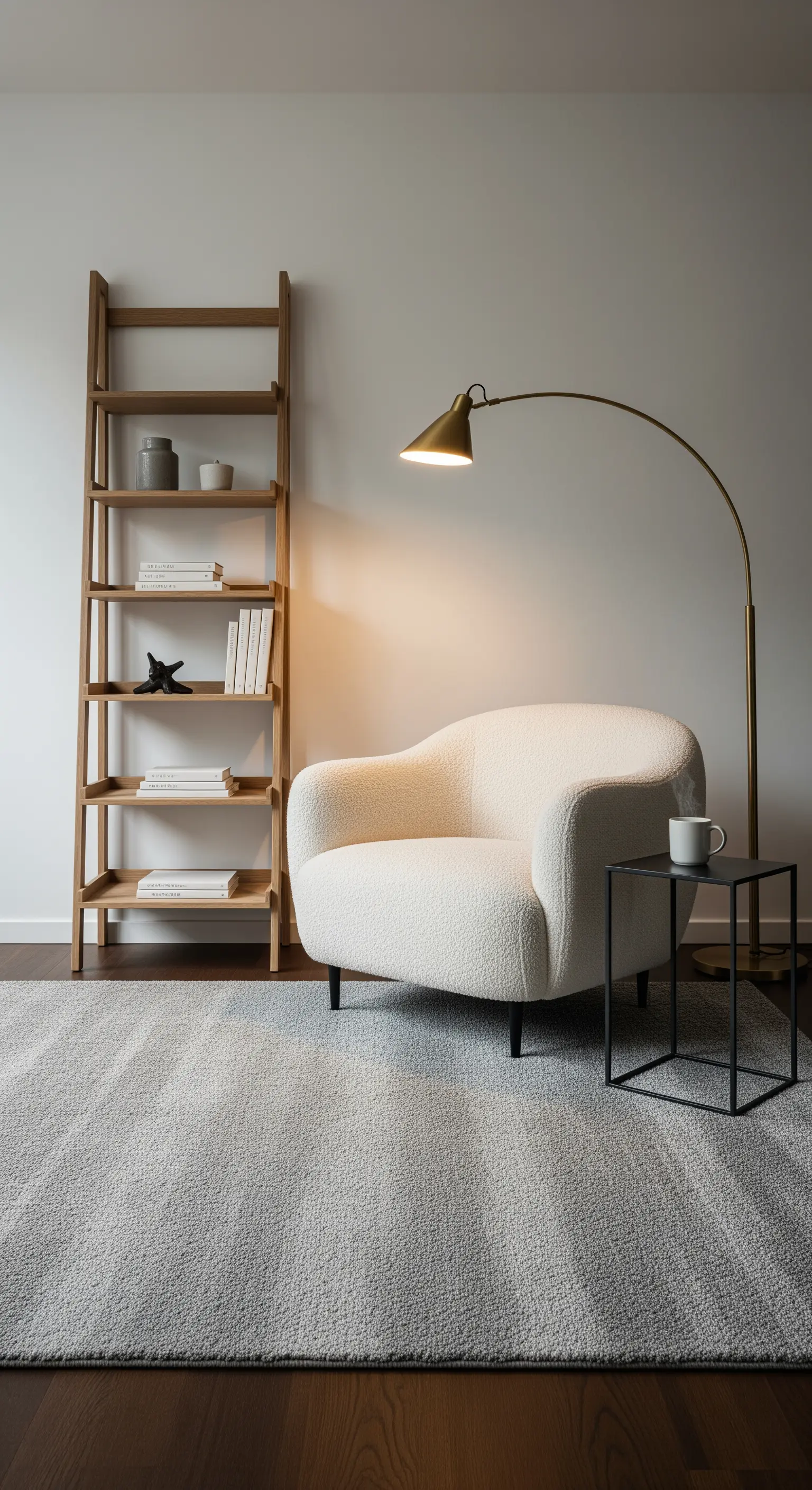 Gemütliche Leseecke mit einem weißen Bouclé-Sessel, Leiterregal und einer goldenen Bogenlampe.