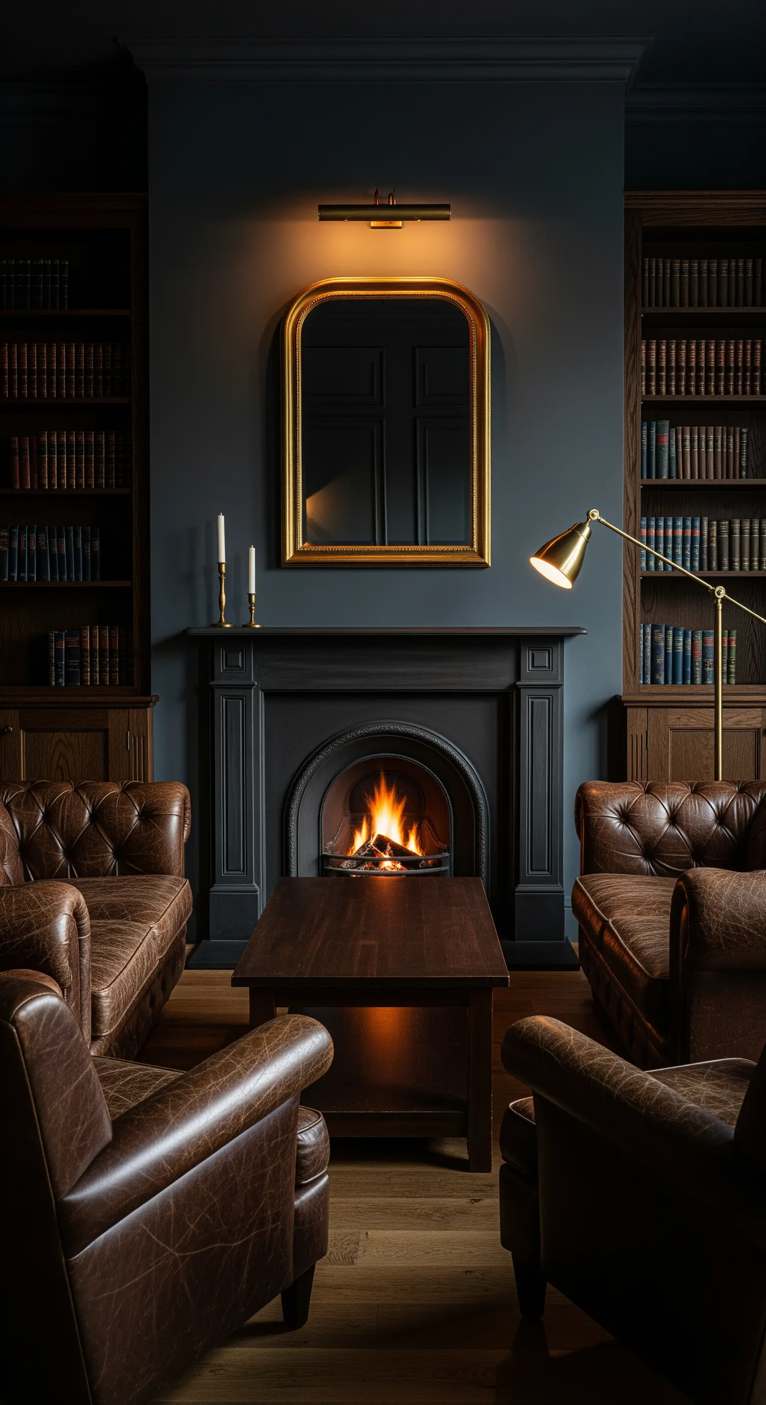 Dunkle, intime Bibliotheksecke mit zwei Ledersesseln und gezielter Beleuchtung.