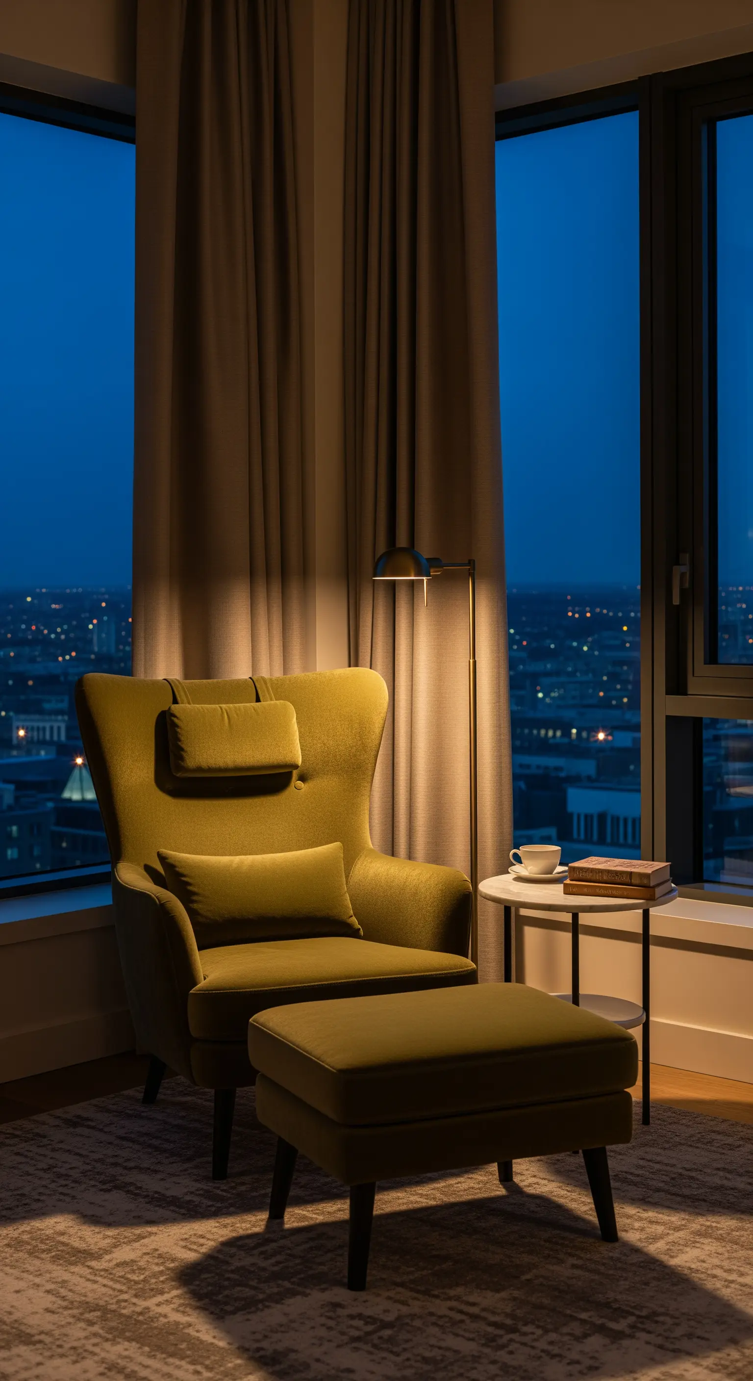 Gemütliche Leseecke am Fenster mit einem bequemen Sessel und einer Stehlampe.