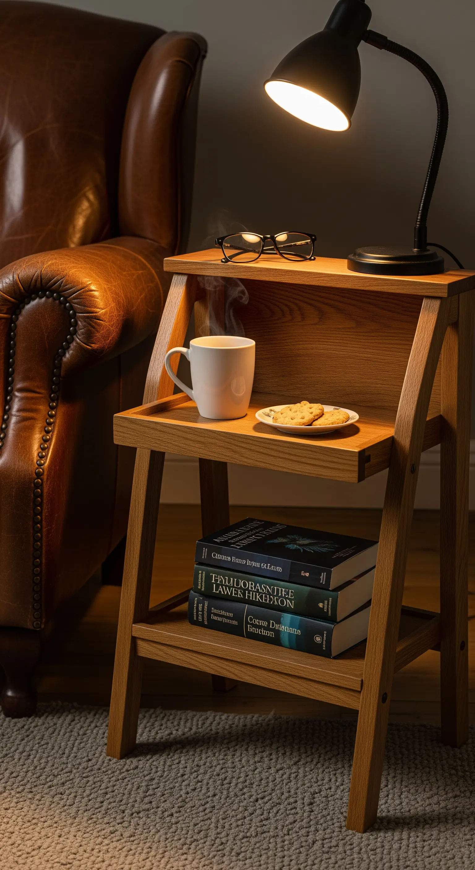 Praktische Holz-Etagere als Beistelltisch in einer Leseecke mit Büchern und Tasse.