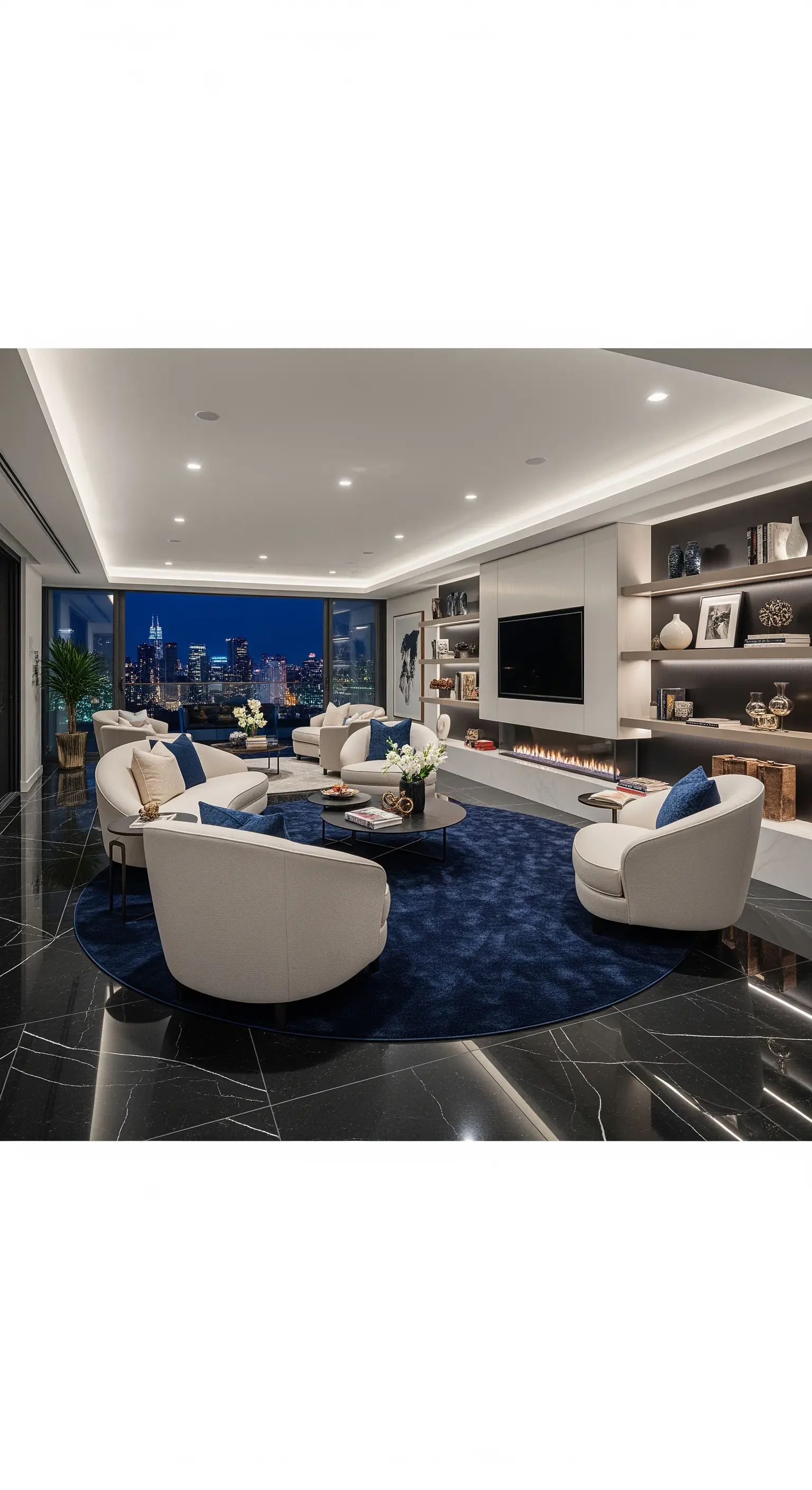 Luxuriöses Penthouse mit Skyline-Blick und einem großen, runden, blauen Teppich.