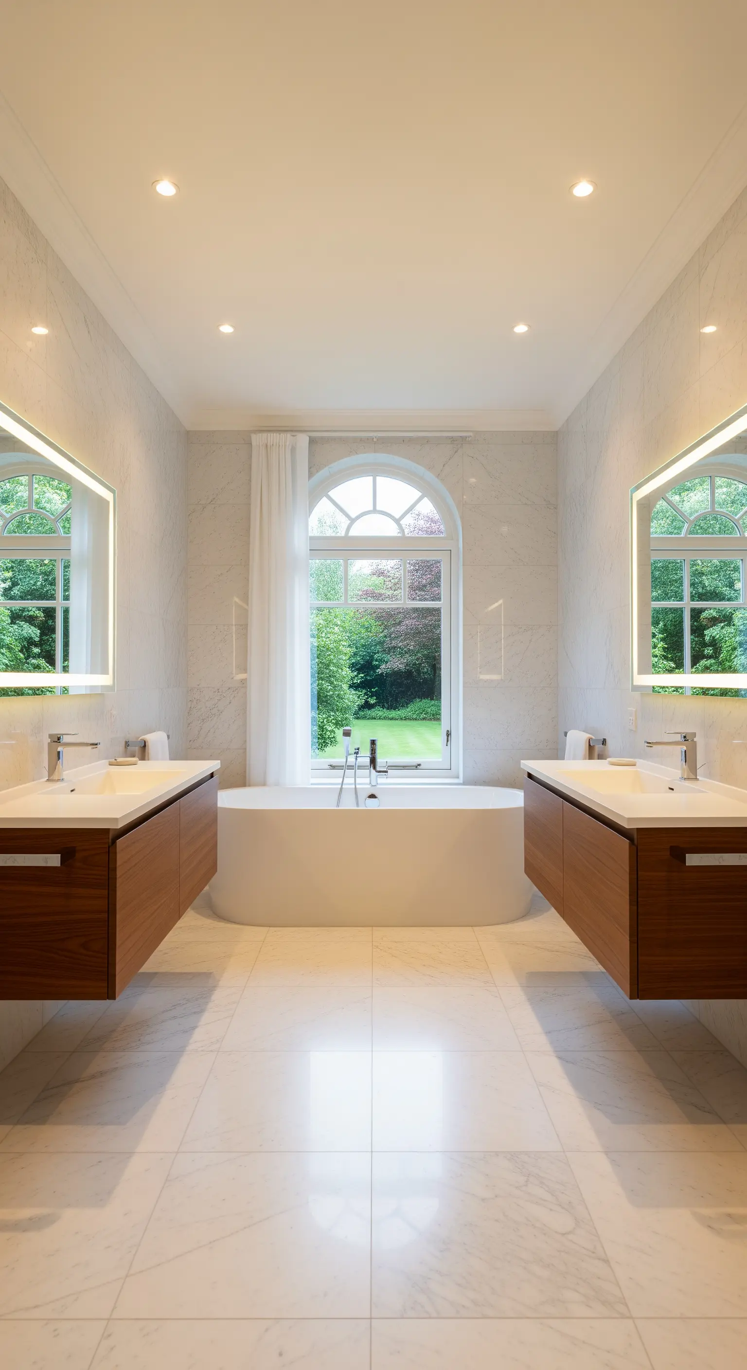 Symmetrisches Badezimmer mit zwei Waschtischen, die ein großes Fenster mit Gartenblick einrahmen.