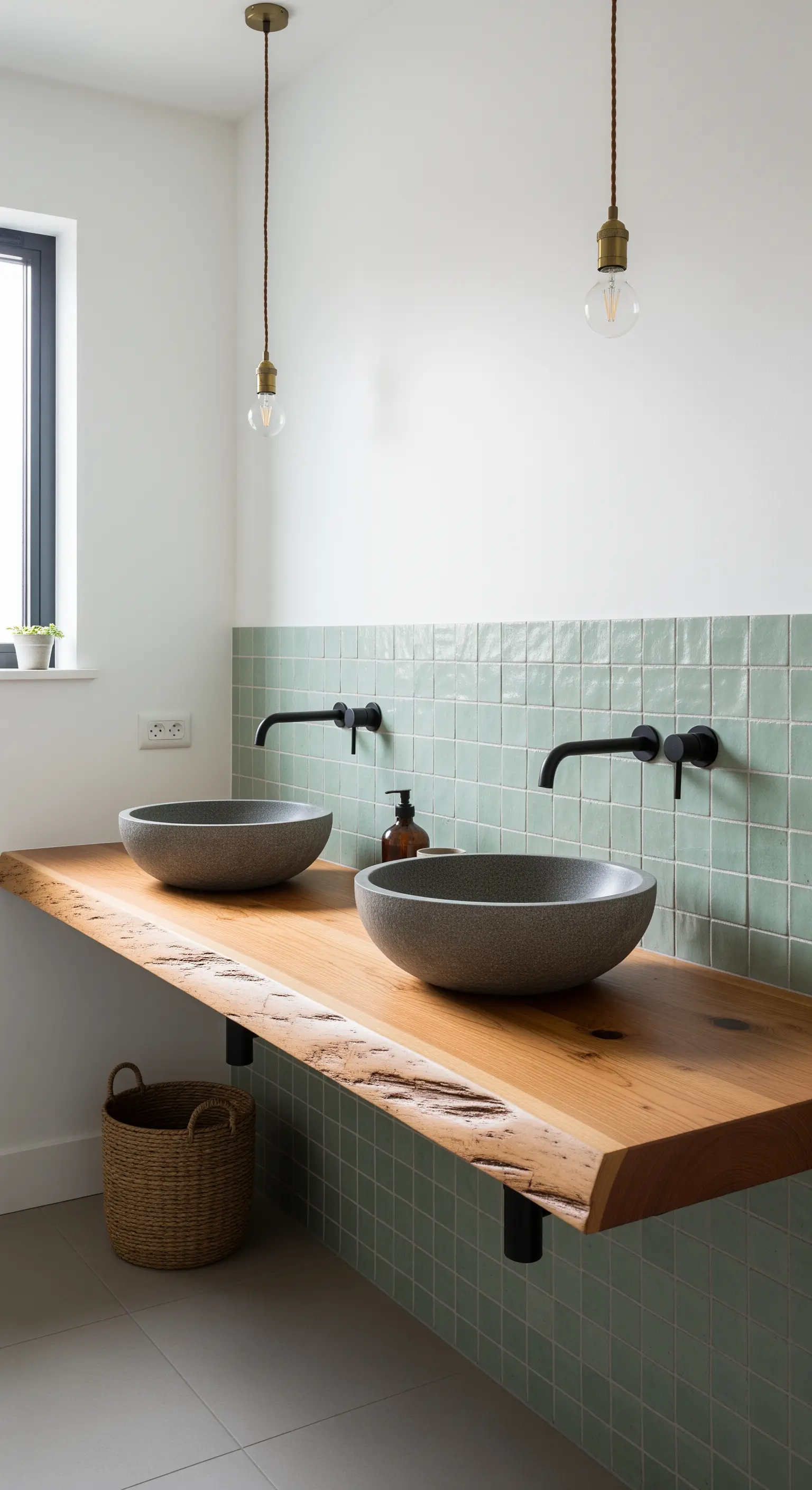 Waschtisch aus einer Holzbohle mit Naturkante, darauf zwei runde Waschbecken aus Stein.