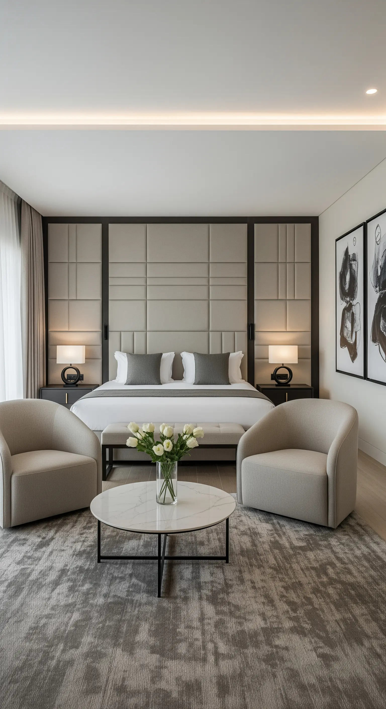 Symmetrisch gestaltetes Schlafzimmer mit gepolsterter Wand und einer Sitzgruppe am Bettende.