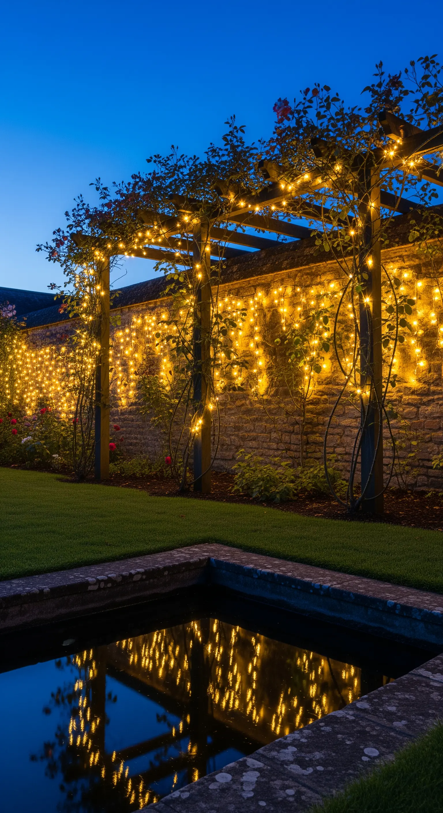 Von Lichterketten beleuchtete Pergola mit Kletterrosen bei Nacht