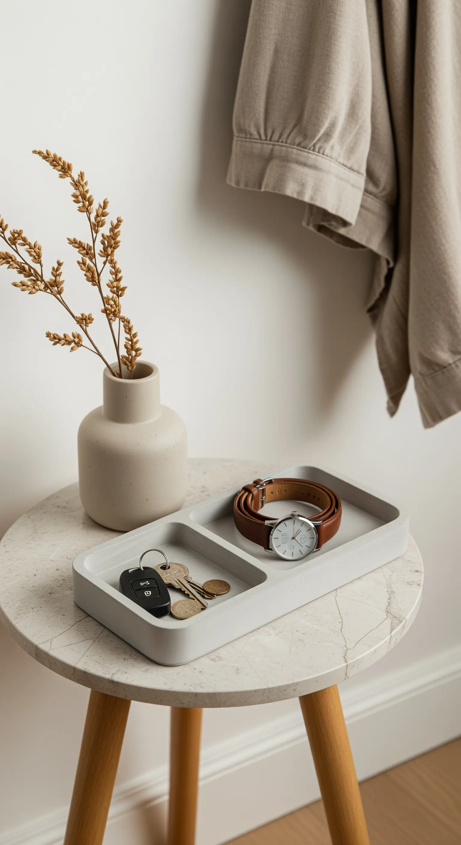 Kleiner Beistelltisch mit einer Betonschale für Schlüssel und Uhr
