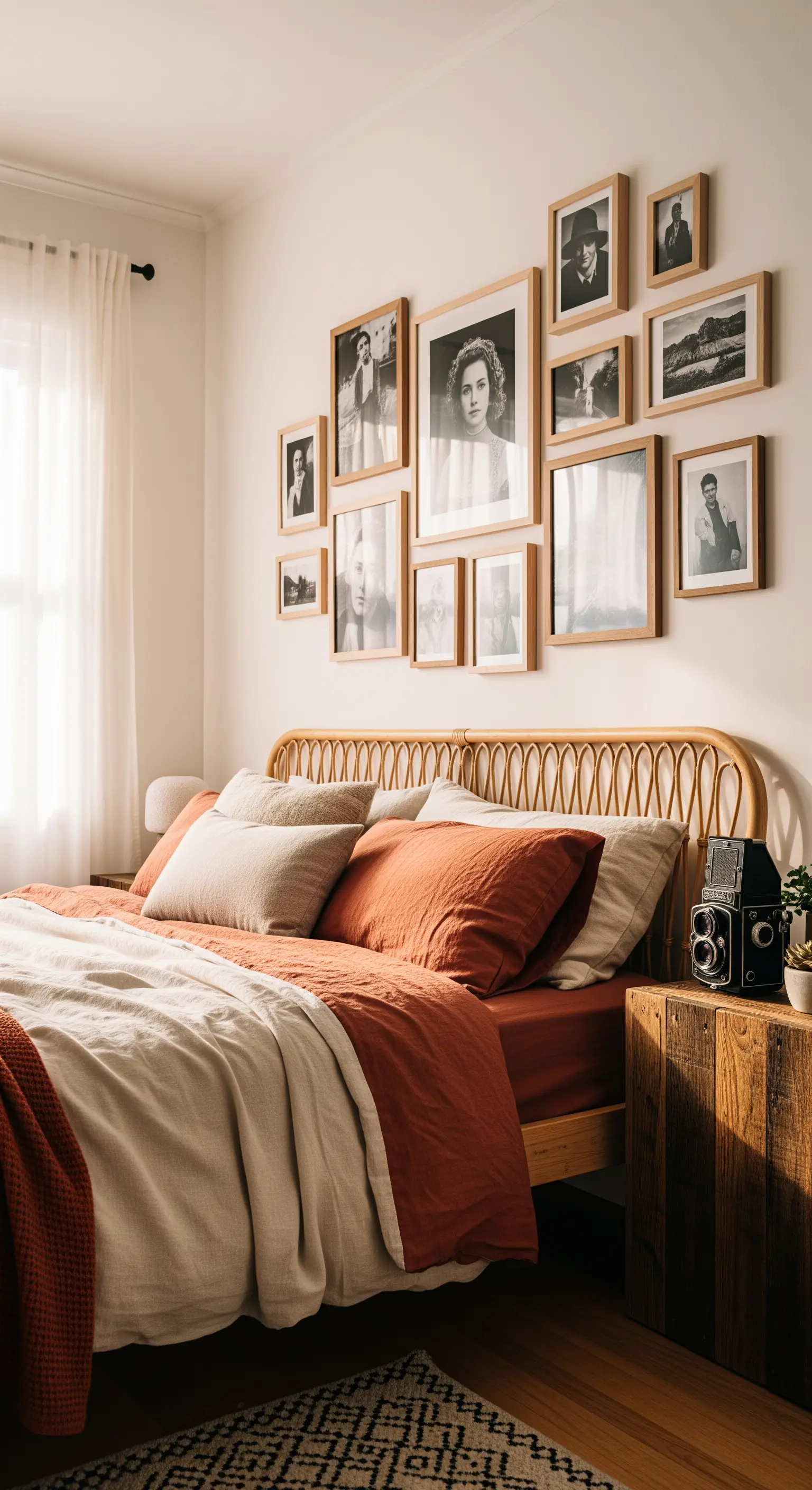 Galeriewand mit Schwarz-Weiß-Fotos in Holzrahmen über einem Bett mit Terrakotta-Bettwäsche.