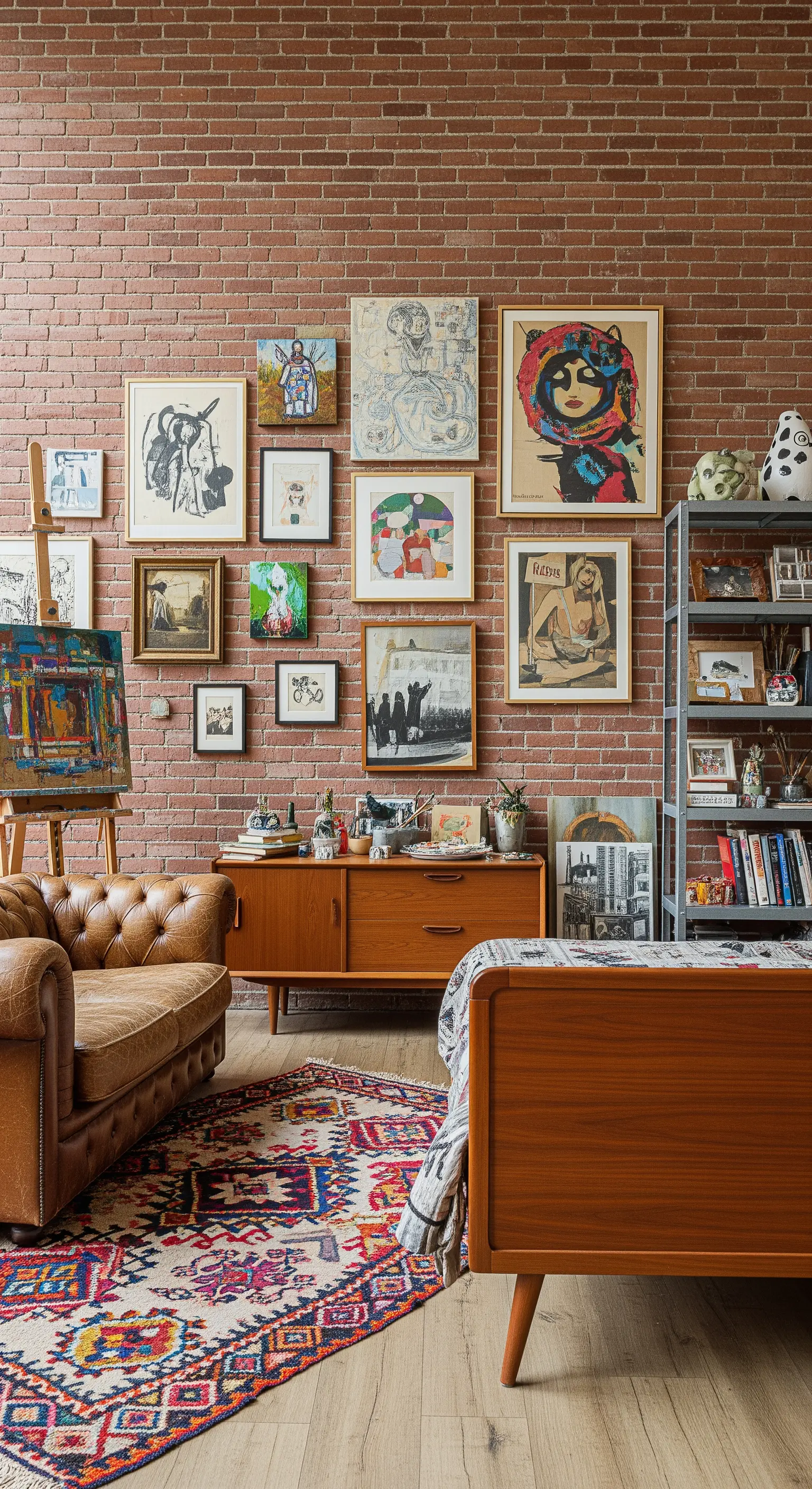 Eklektisches Boho-Apartment mit Ziegelwand, Gallery Wall und Ledersofa.