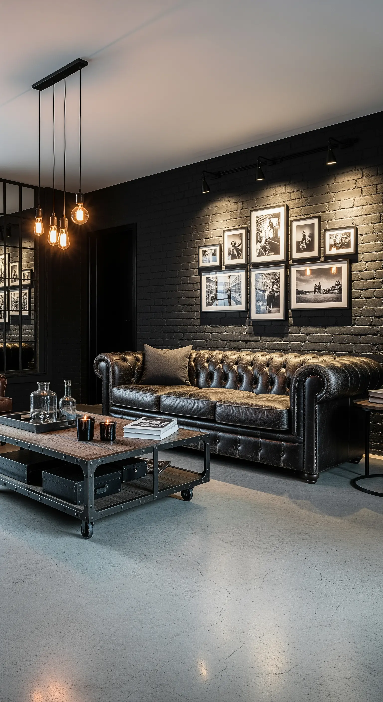 Maskulines Loft-Wohnzimmer mit schwarzer Backsteinwand, Ledersofa und Fotogalerie.