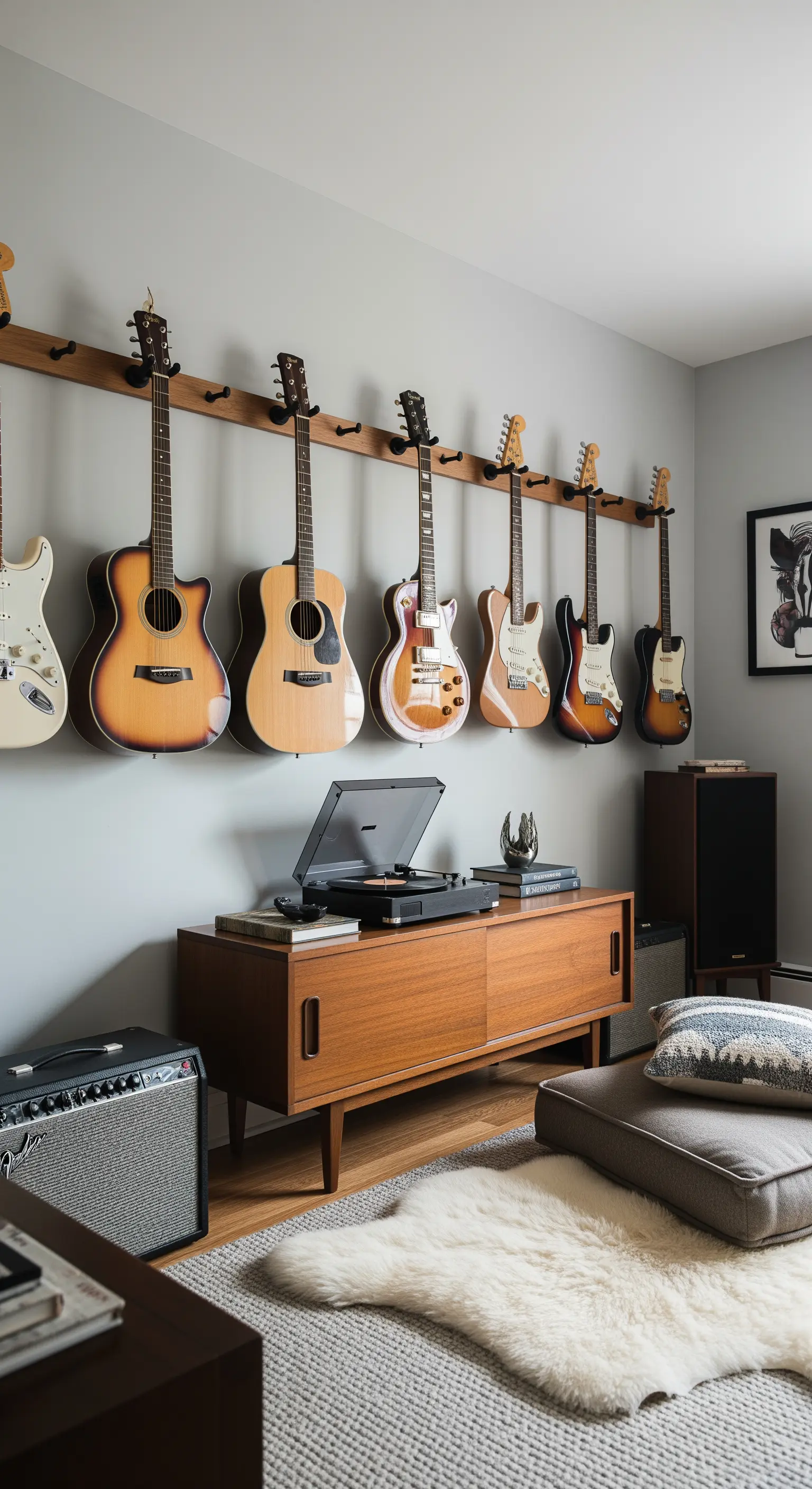 Eine Sammlung von Gitarren hängt als Wanddekoration über einem Mid-Century-Sideboard.