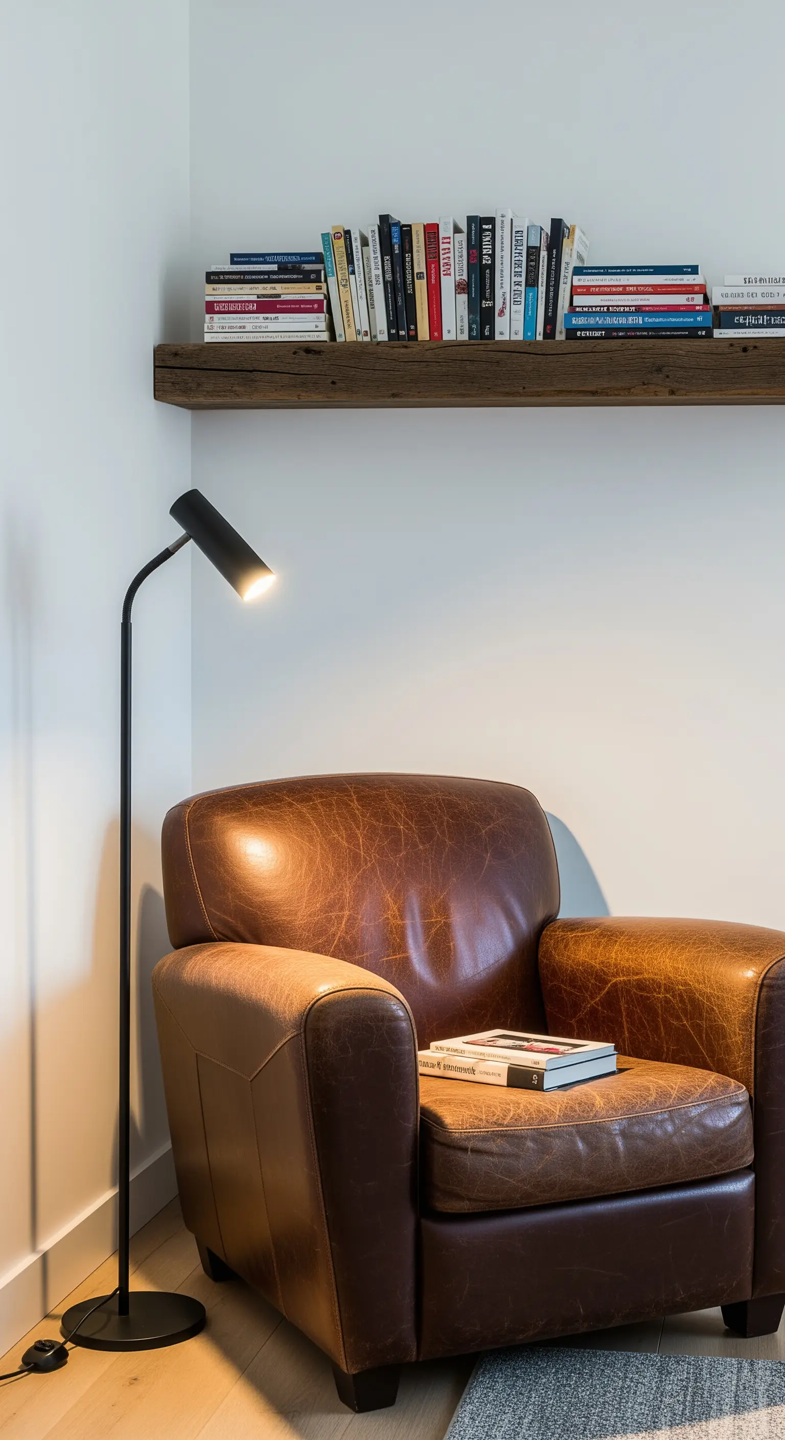 Gemütliche Leseecke mit braunem Ledersessel, Leselampe und Bücherregal.