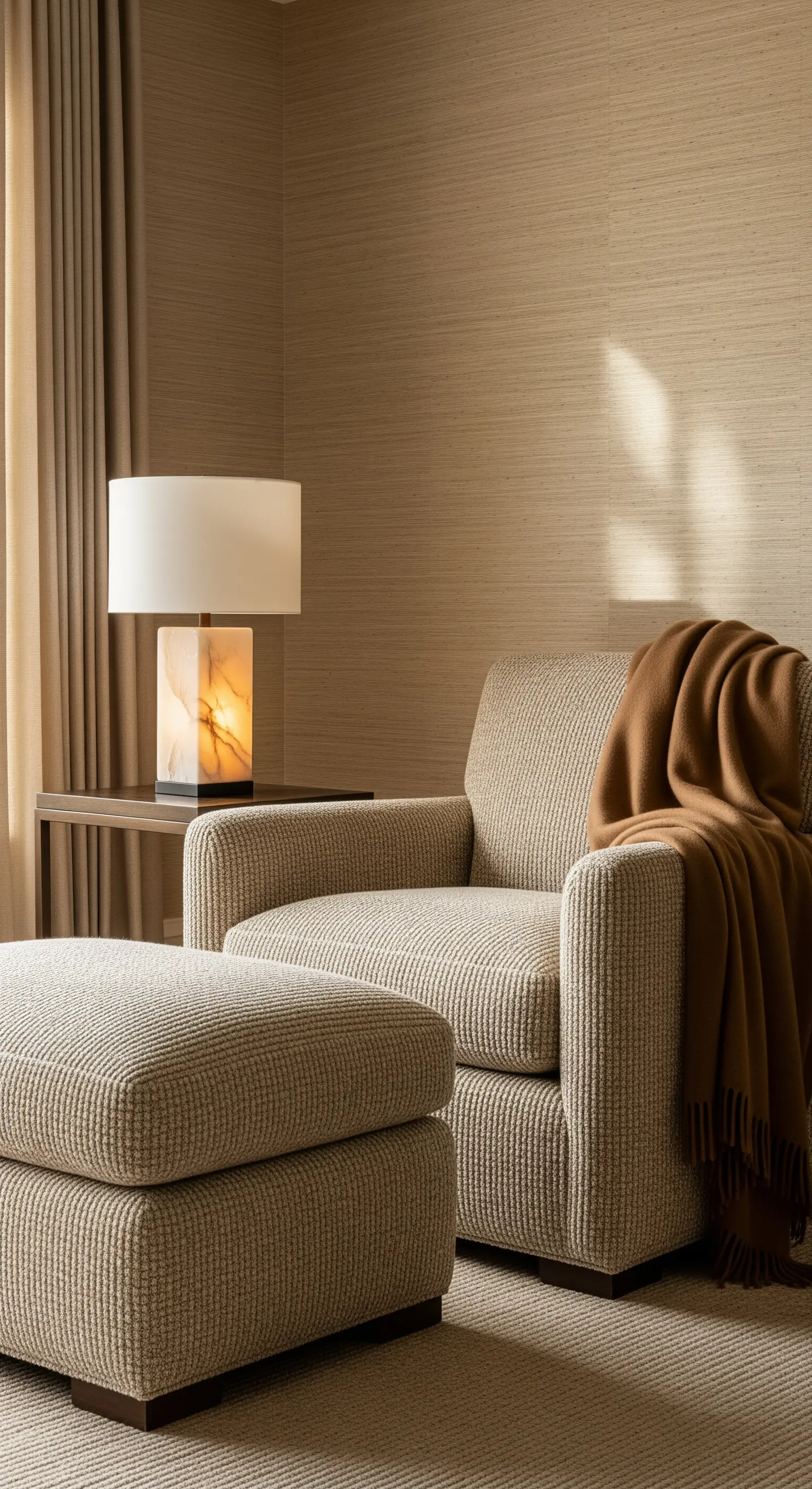 Gemütliche Leseecke mit beigem Sessel, warmer Decke und einer Lampe mit Stein-Fuß.