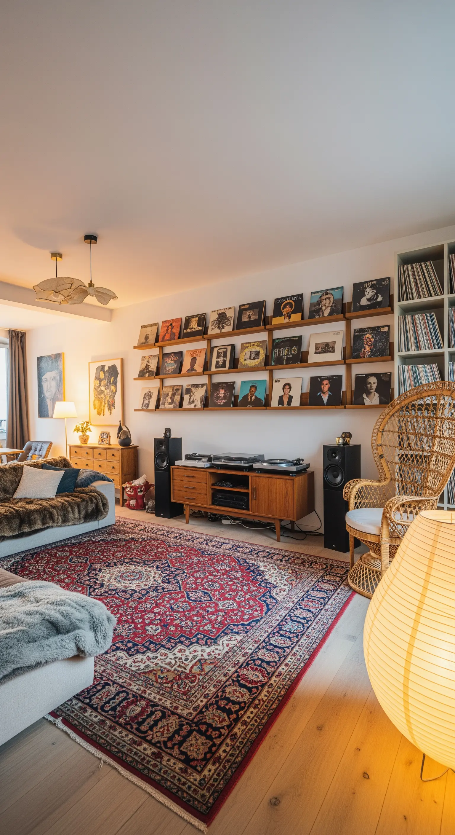 Wohnzimmerwand mit einer großen Sammlung von Vinyl-Platten auf Bilderleisten