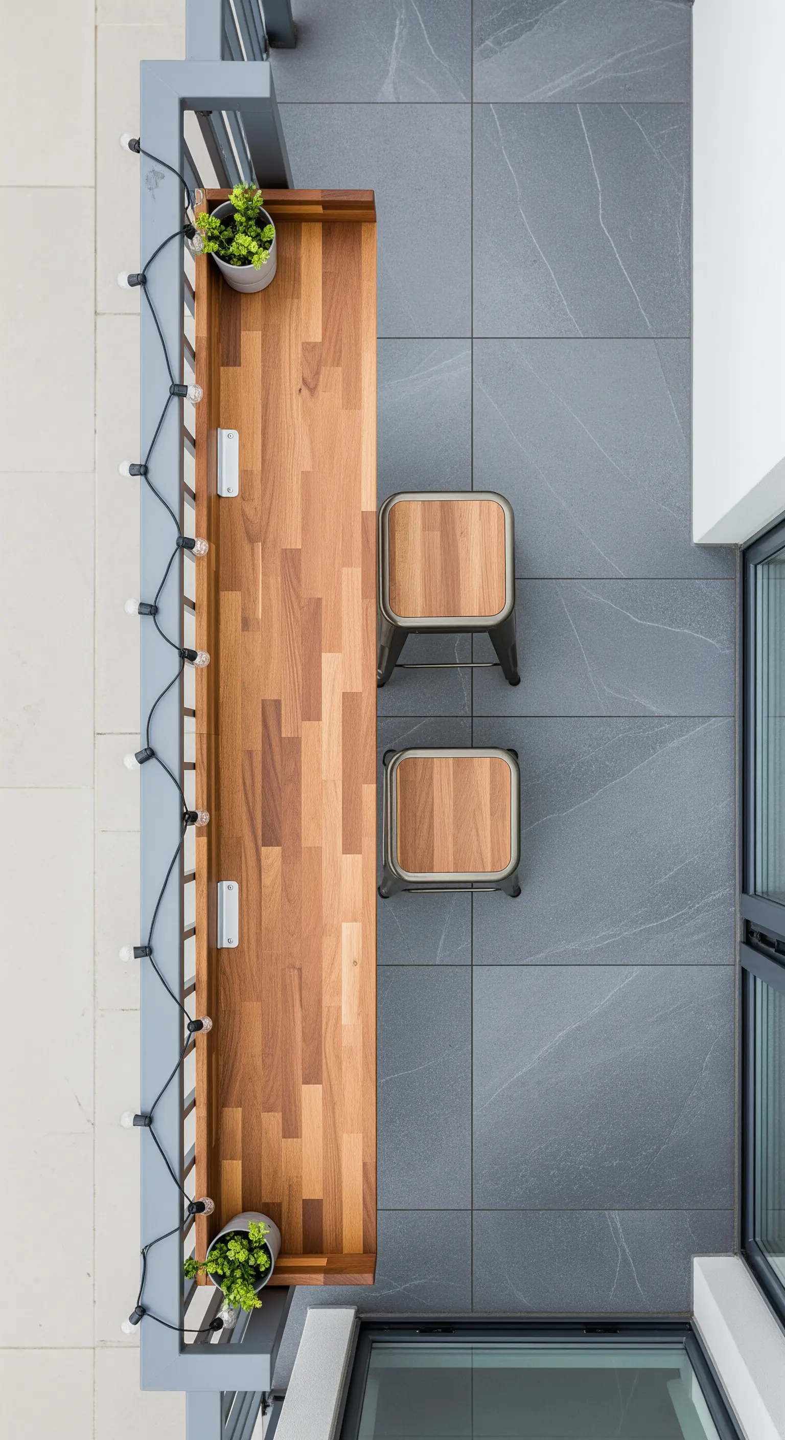 Schmale Holzbar am Balkongeländer montiert mit zwei Hockern von oben