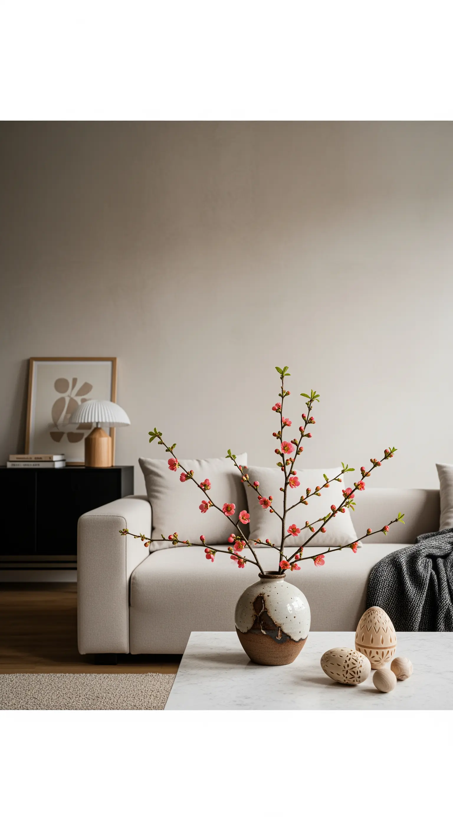 Kirschblütenzweige in einer rustikalen Keramikvase neben verzierten Holzeiern auf einem Couchtisch.