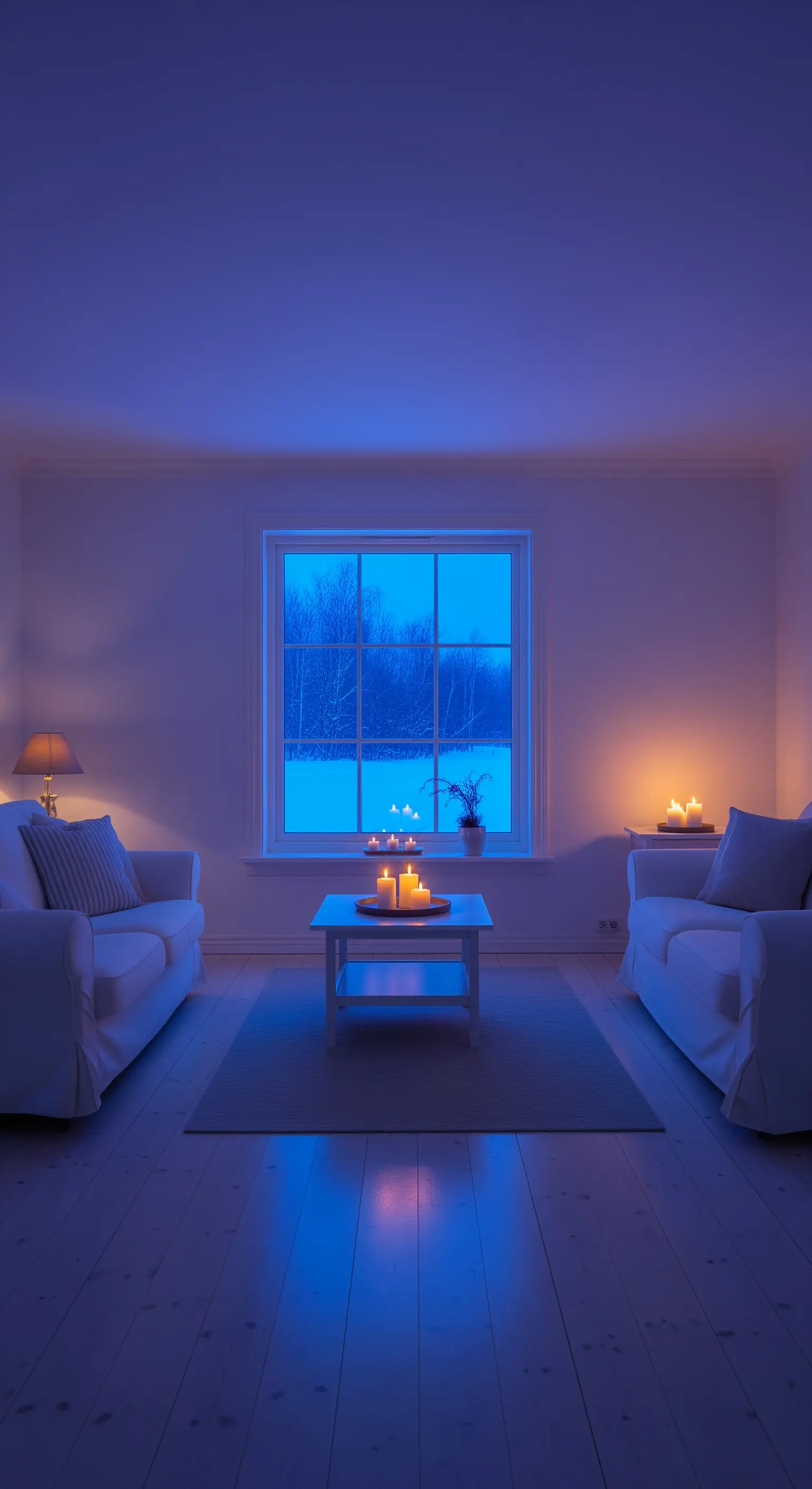 Ein weißes Wohnzimmer, das vom blauen Dämmerungslicht erhellt wird, mit warmen Kerzen als Kontrast.