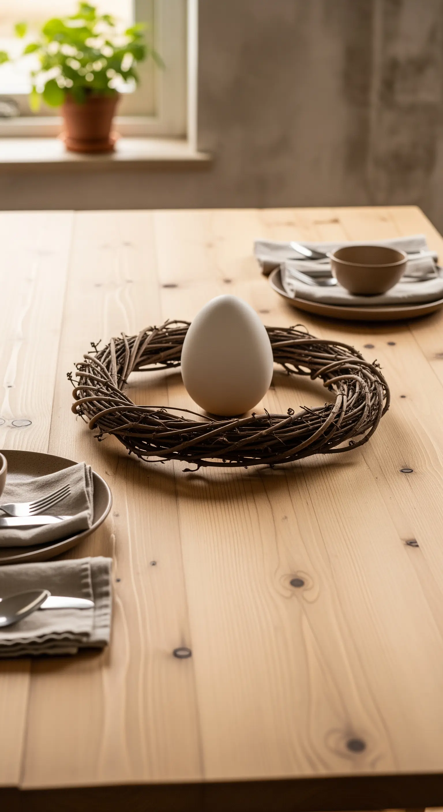 Ein großer, schlichter Weidenkranz mit einem einzigen, großen weißen Ei in der Mitte