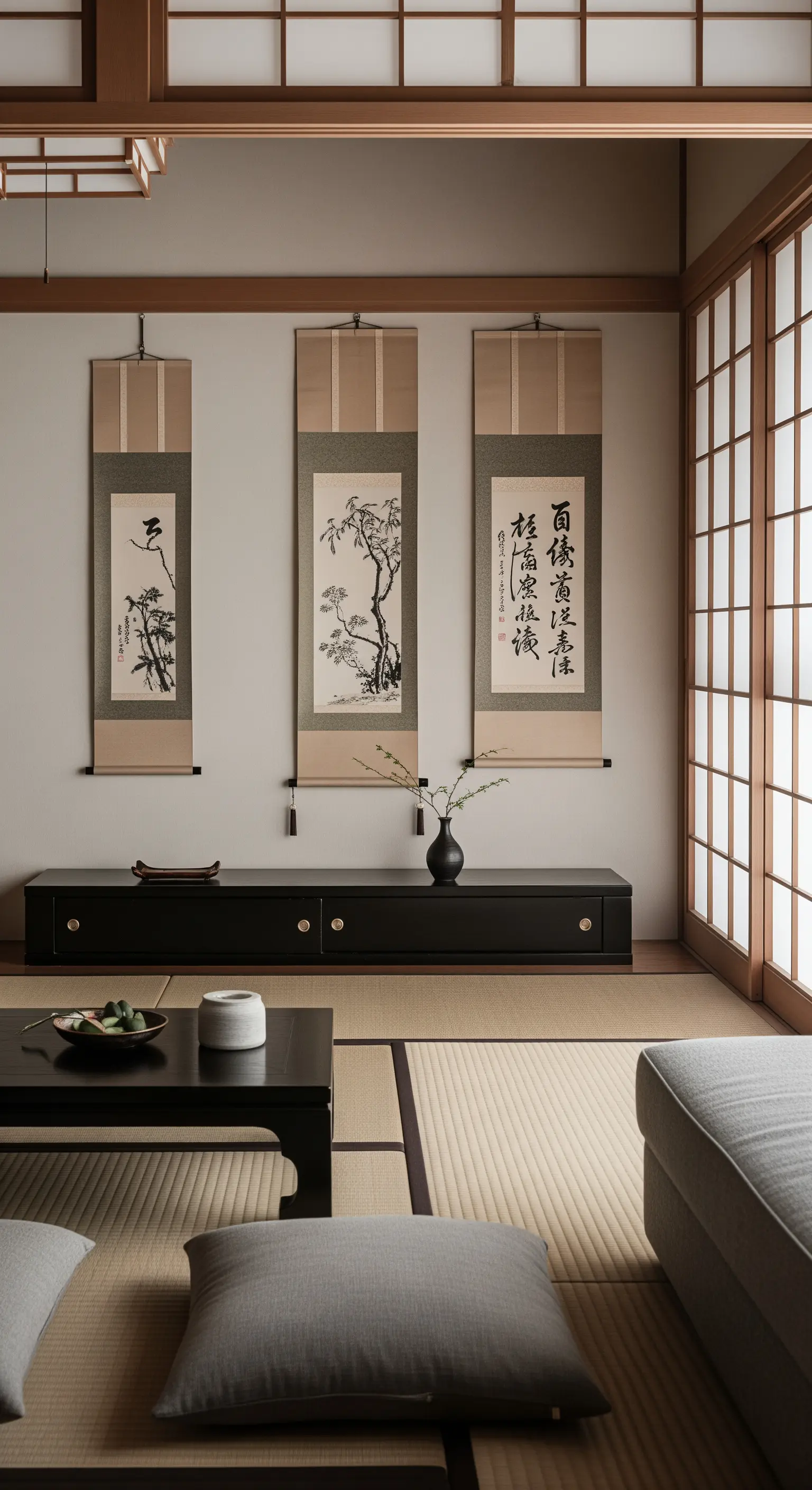 Drei japanische Schriftrollen hängen symmetrisch über einem niedrigen Sideboard in einem Japandi-Wohnzimmer.