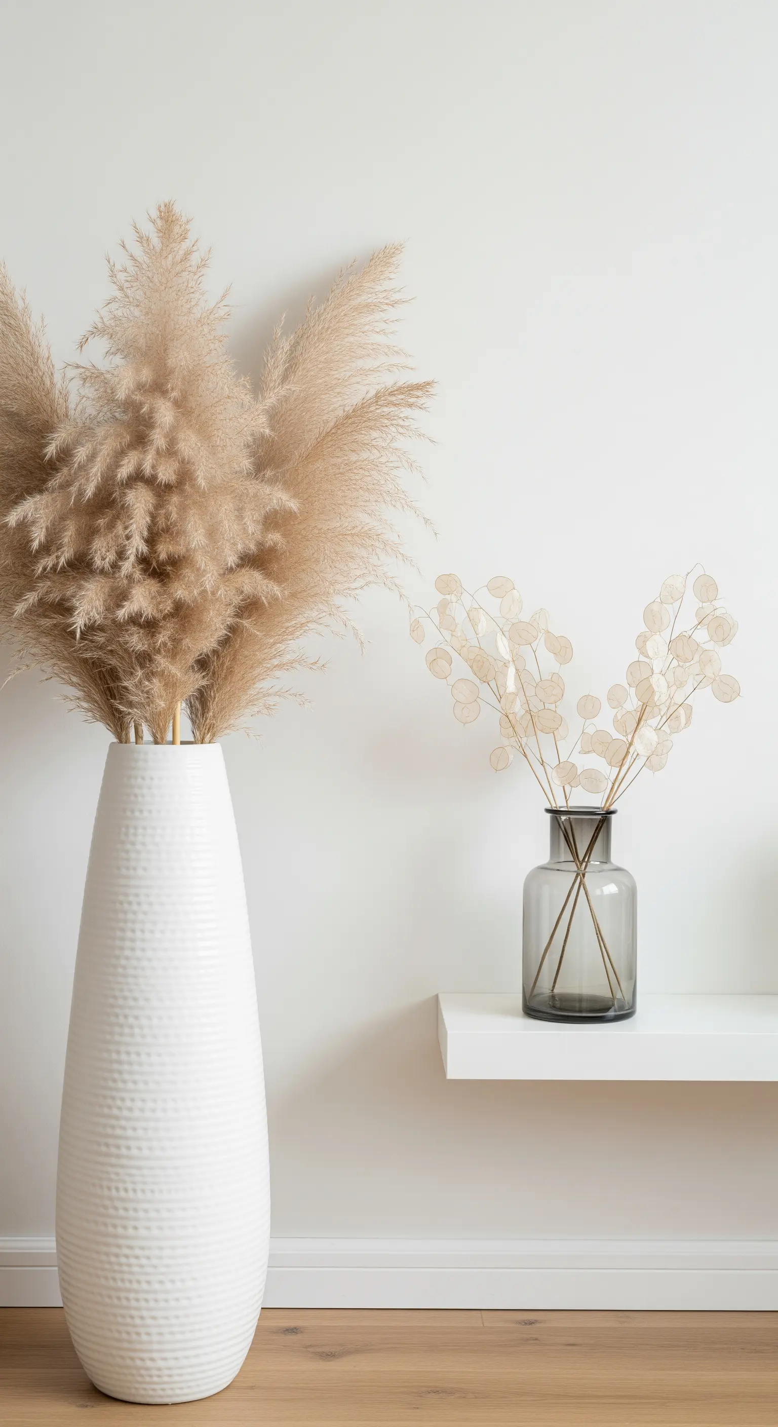 Pampasgras und Silberblatt in zwei unterschiedlichen Vasen vor einer weißen Wand.