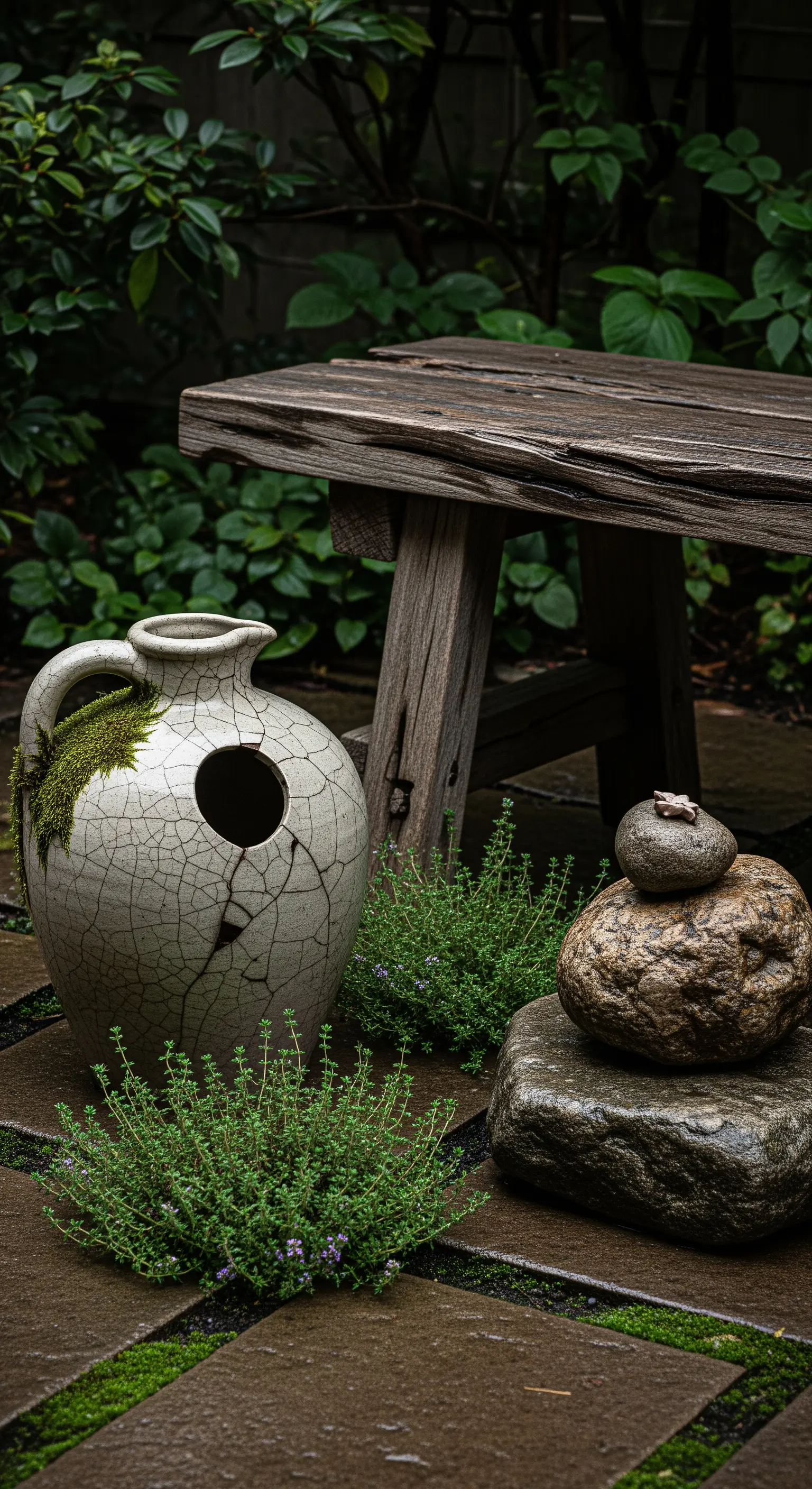 Wabi-Sabi-Stillleben mit rissiger Keramikvase, Moos und gestapelten Steinen neben einer Holzbank
