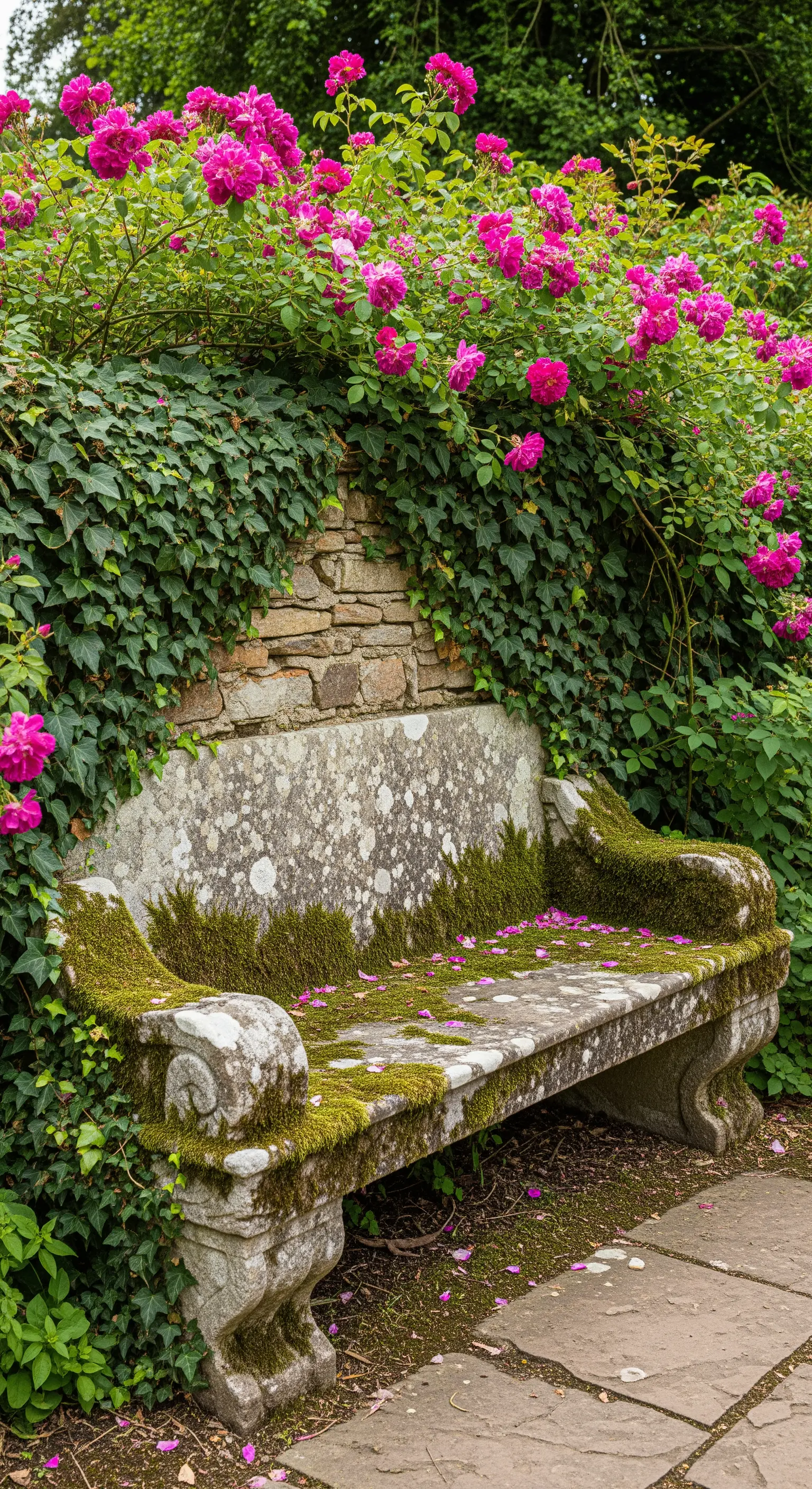 Eine alte, geschwungene Steinbank, die mit Moos bewachsen ist, vor einer Efeumauer und rosa Rosen.