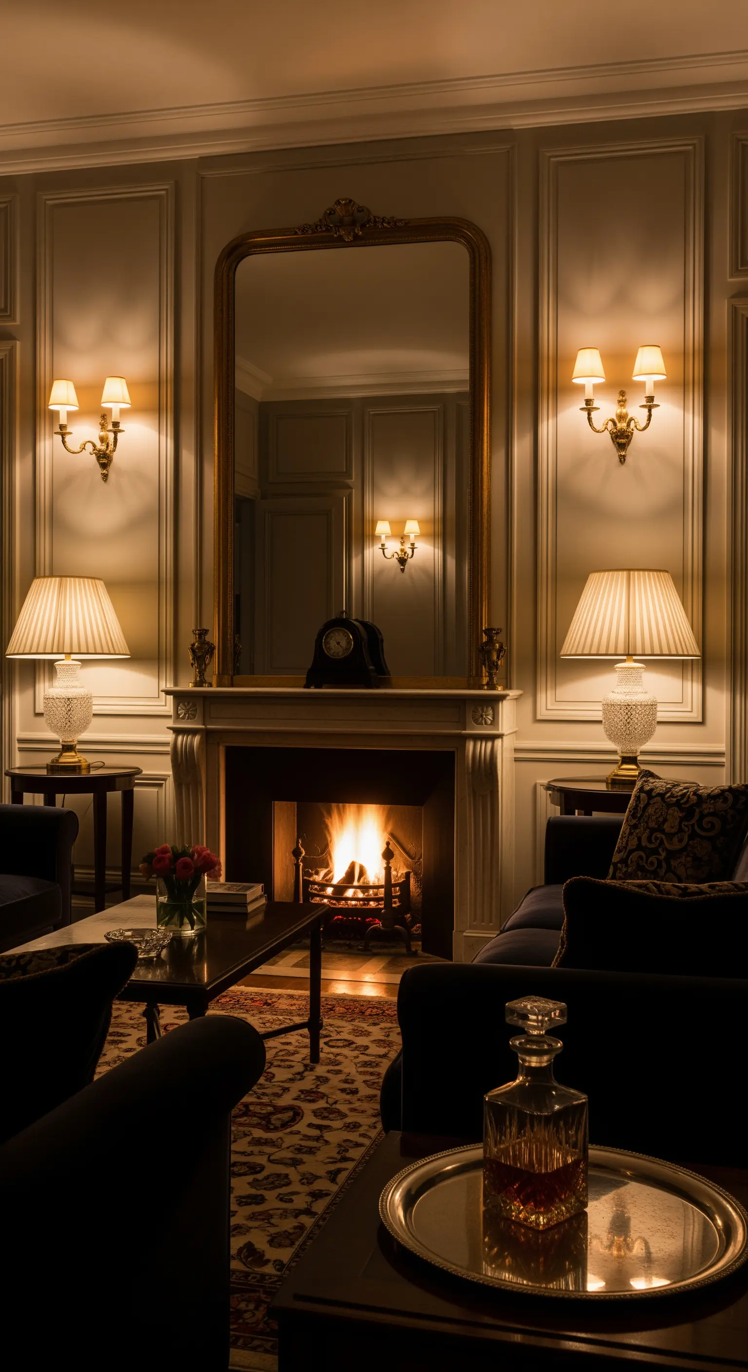 Wohnzimmer bei Nacht mit warmem, indirektem Licht von Lampen und einem brennenden Kamin.