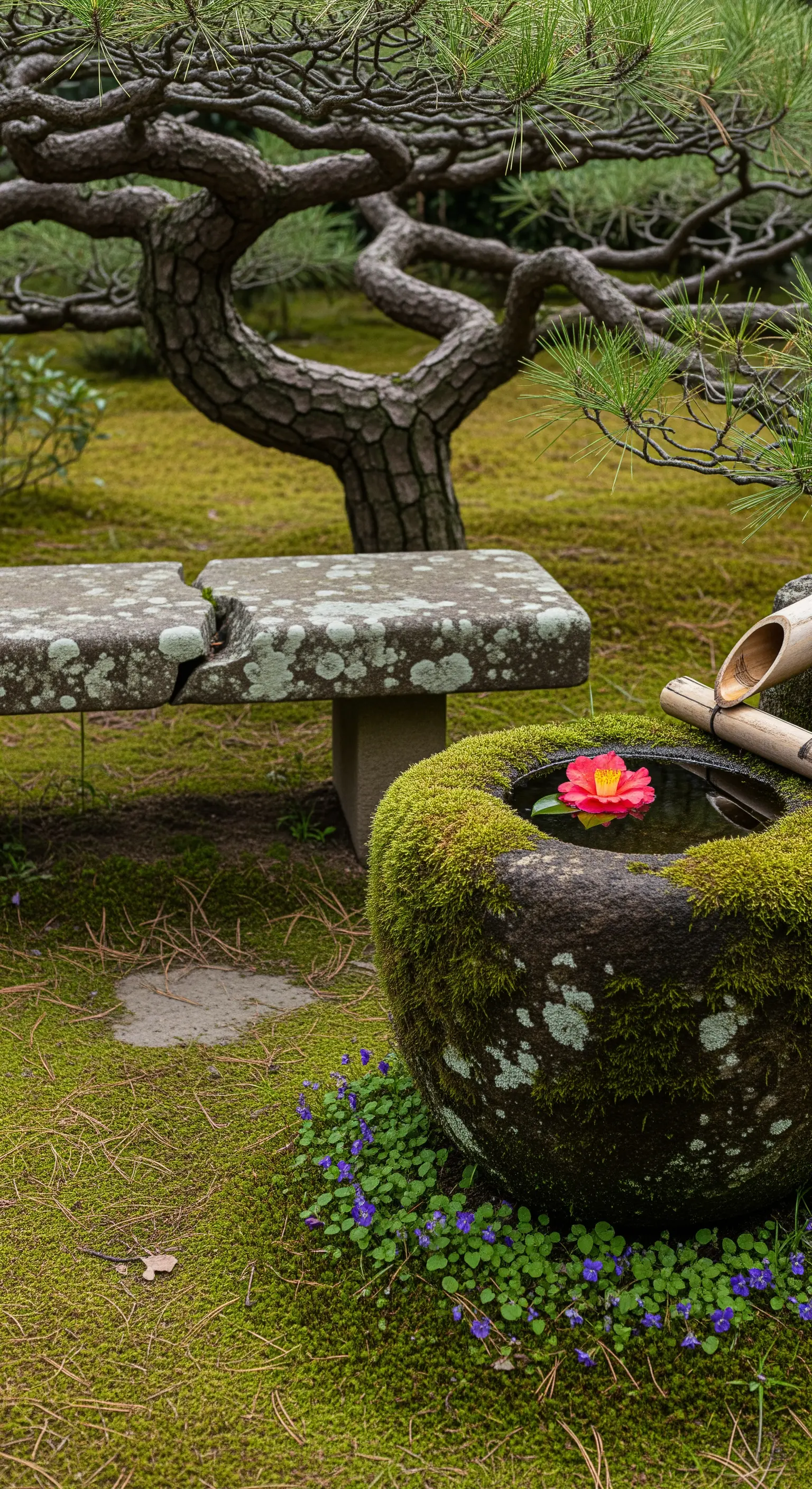 Nahaufnahme eines moosbewachsenen Steinbeckens (Tsukubai) mit einer einzelnen Blüte im Wasser.